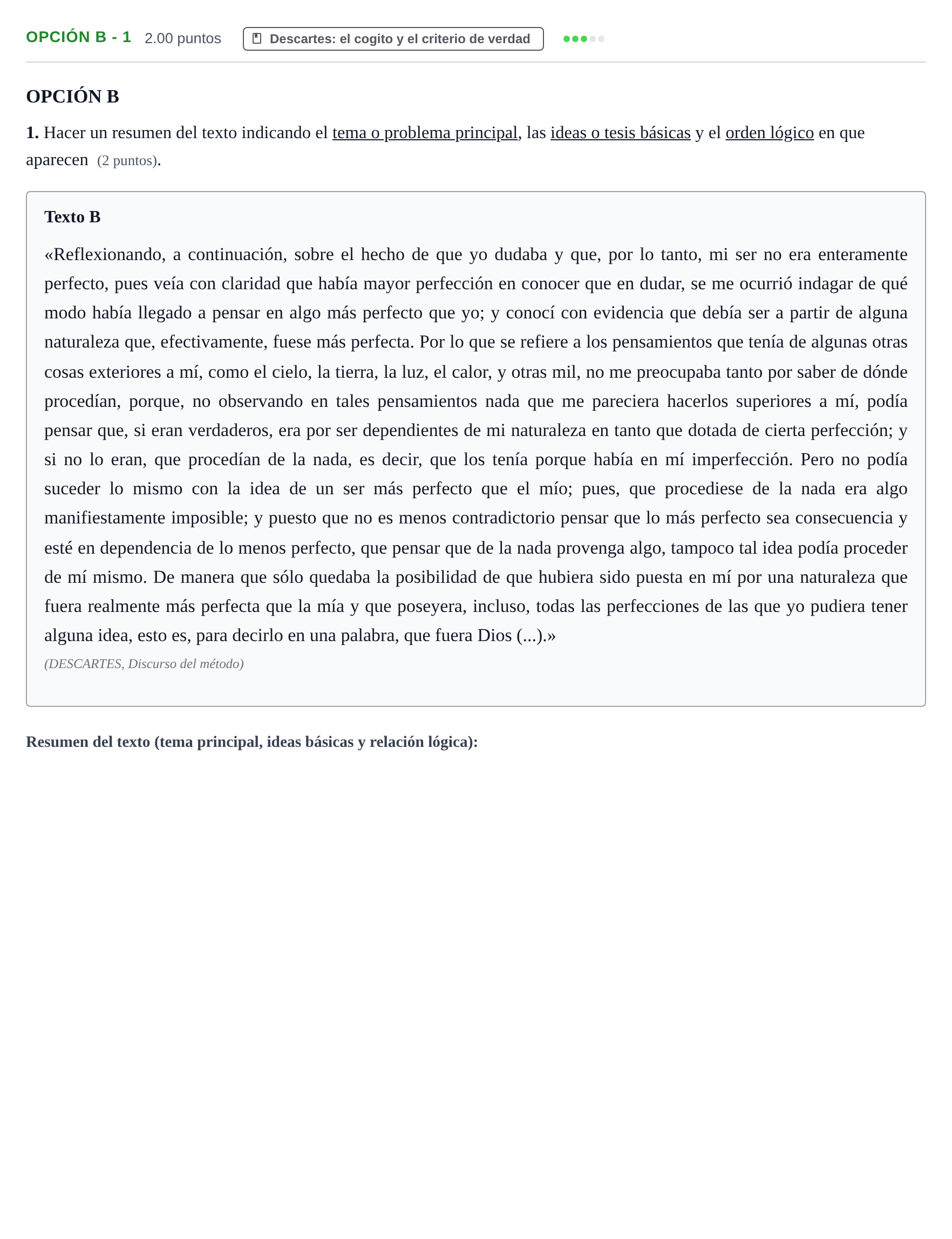 Enunciado: Opción B - 1 · Historia de la Filosofía PAU Murcia Extraordinaria 2023