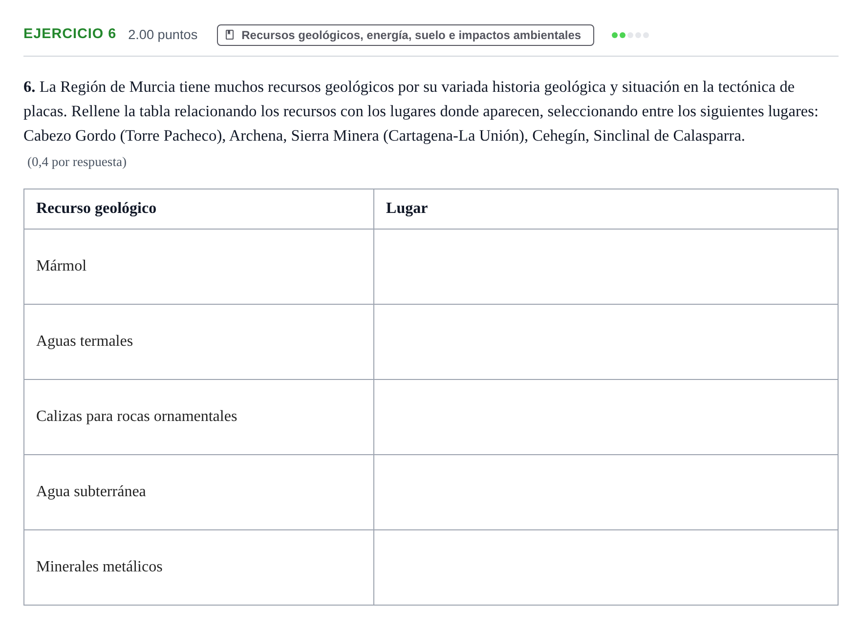 Enunciado: Problema 6 · Geología y Ciencias Ambientales PAU Murcia Extraordinaria 2023