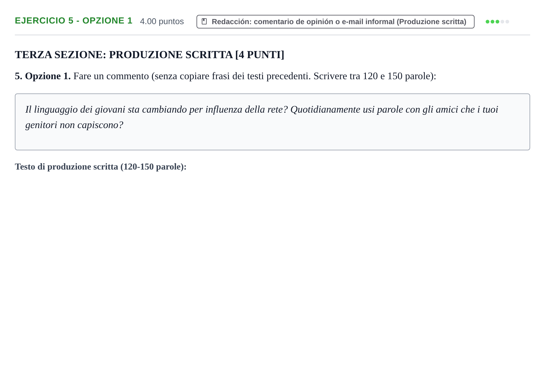 Enunciado: Ejercicio 5 - Opzione 1 · Italiano PAU Murcia Extraordinaria 2023