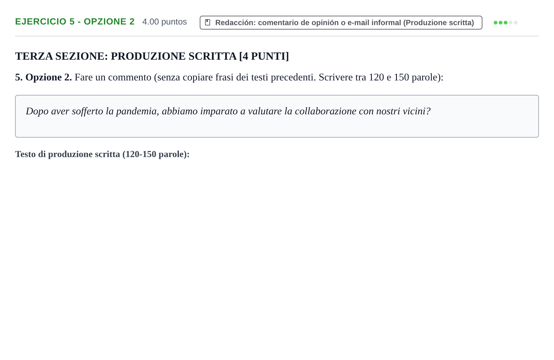 Enunciado: Ejercicio 5 - Opzione 2 · Italiano PAU Murcia Extraordinaria 2023