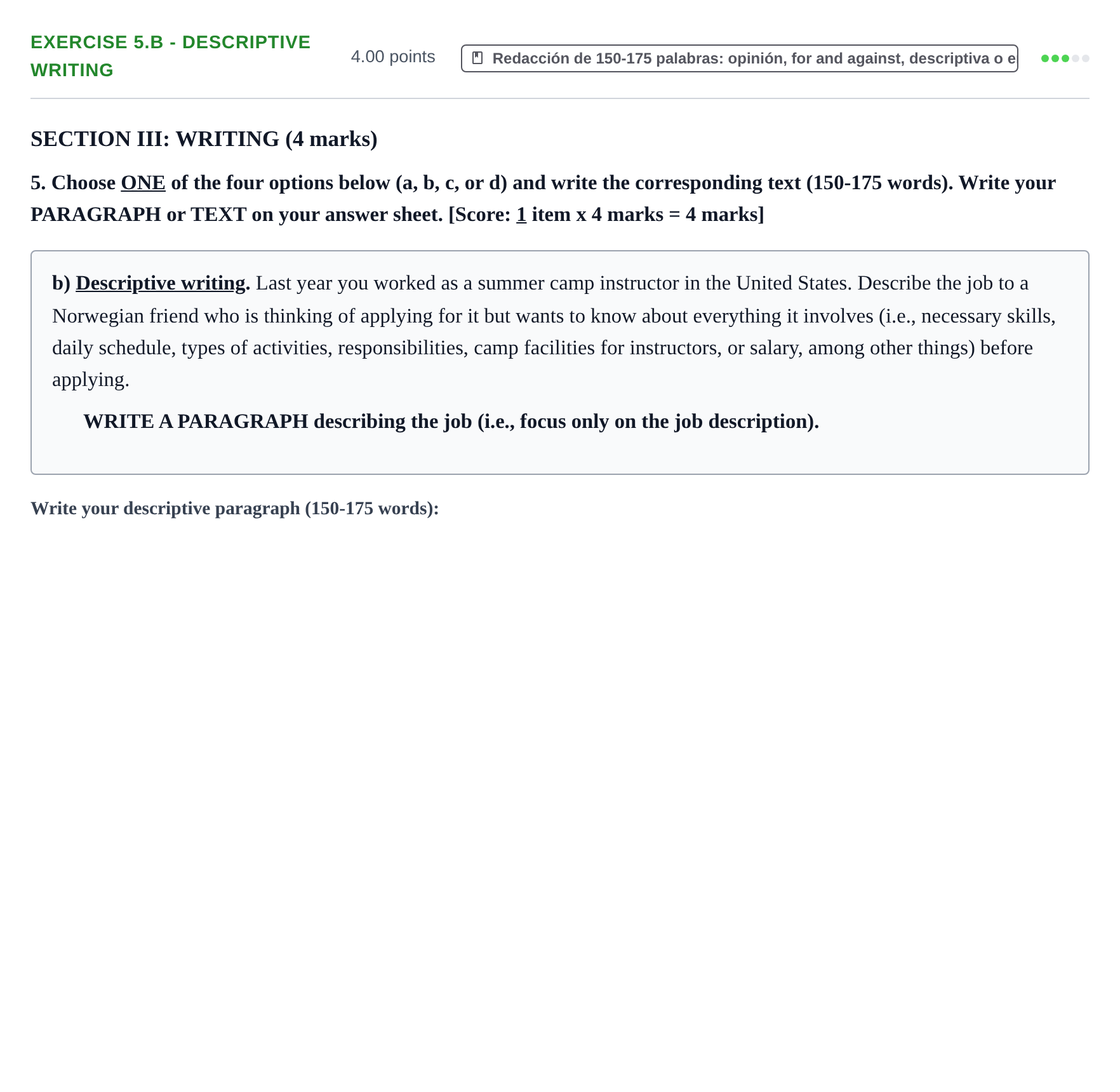 Enunciado: Ejercicio 5.b - Descriptive writing · Inglés PAU Murcia Extraordinaria 2023