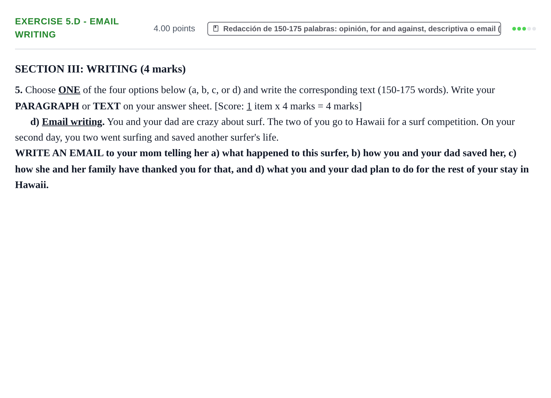 Enunciado: Ejercicio 5.d - Email writing · Inglés PAU Murcia Extraordinaria 2023