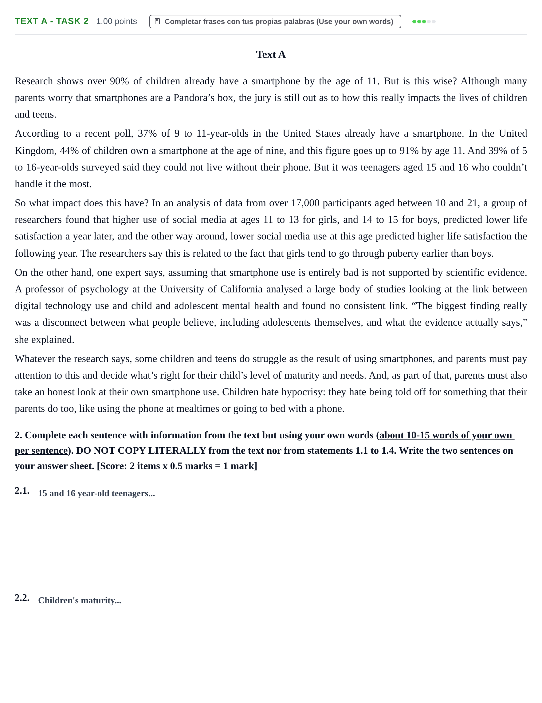 Enunciado: Ejercicio Text A - Task 2 · Inglés PAU Murcia Extraordinaria 2023