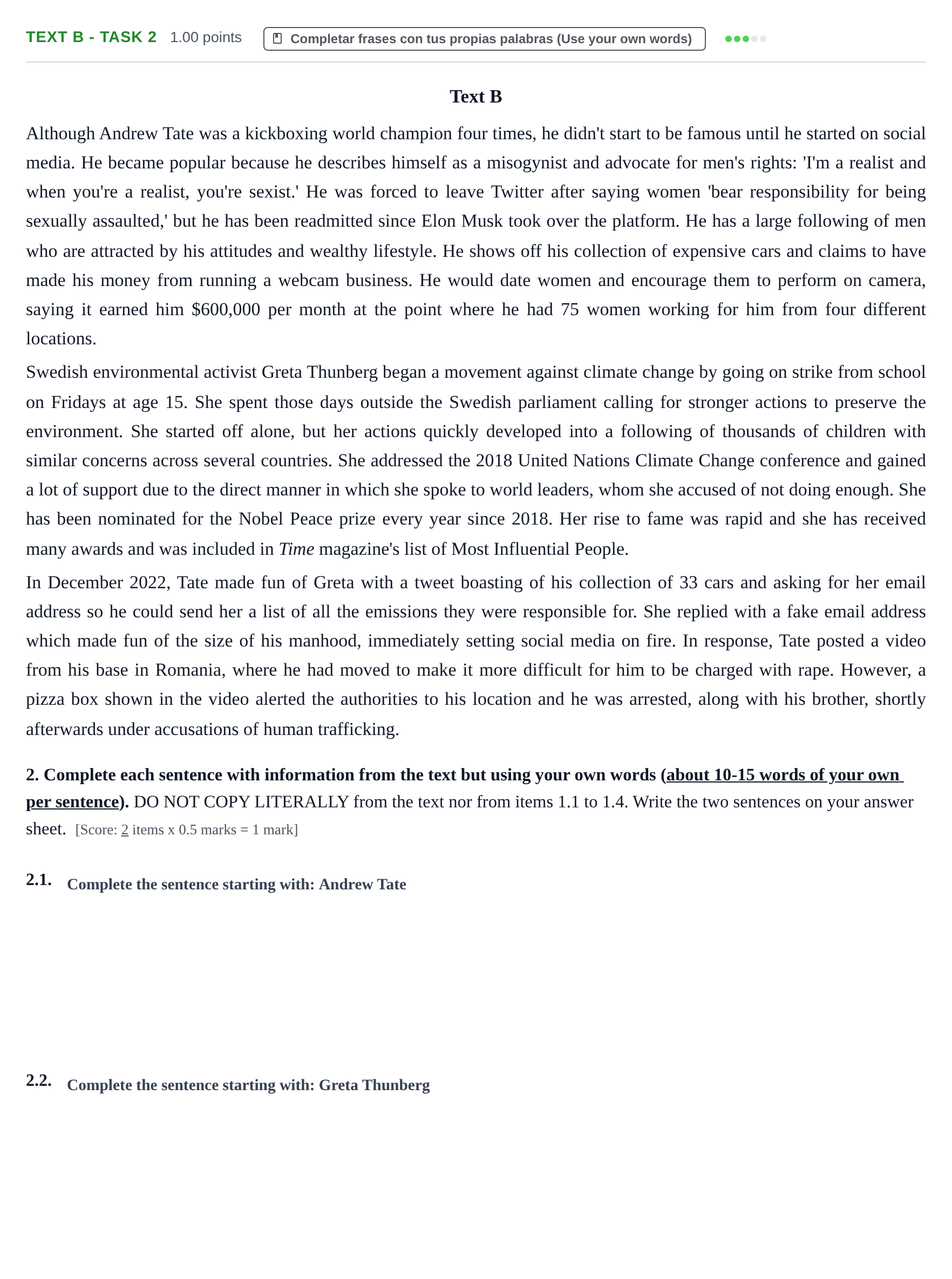Enunciado: Ejercicio Text B - Task 2 · Inglés PAU Murcia Extraordinaria 2023