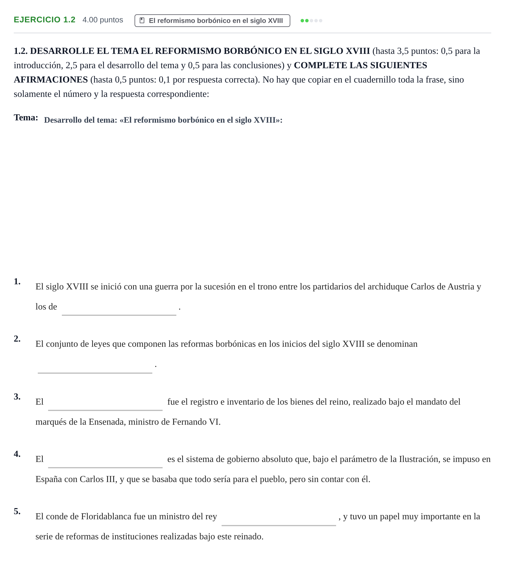 Enunciado: Ejercicio 1.2 · Historia de España PAU Murcia Ordinaria 2022