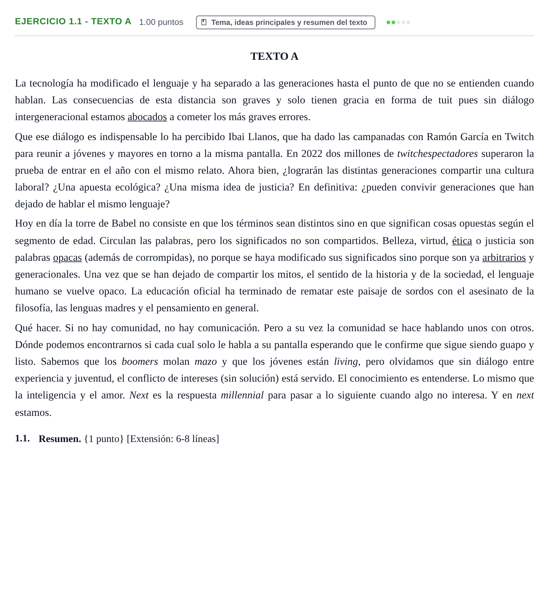 Enunciado: Ejercicio 1.1 - Texto A · Lengua Castellana y Literatura II PAU Murcia Ordinaria 2022