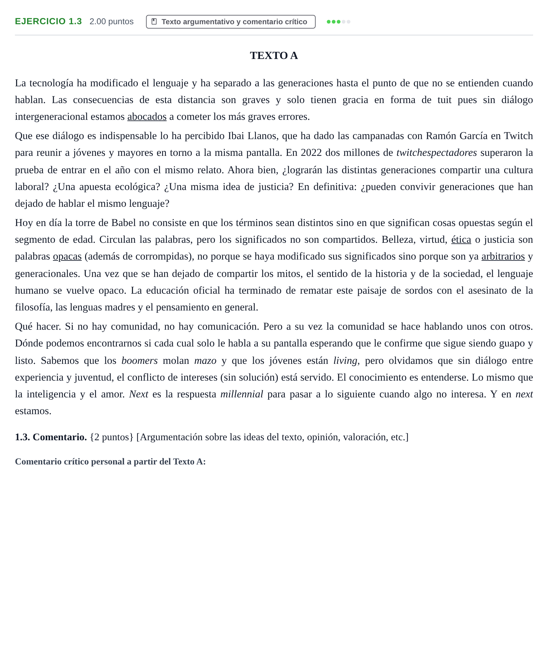 Enunciado: Ejercicio 1.3 - Texto A · Lengua Castellana y Literatura II PAU Murcia Ordinaria 2022