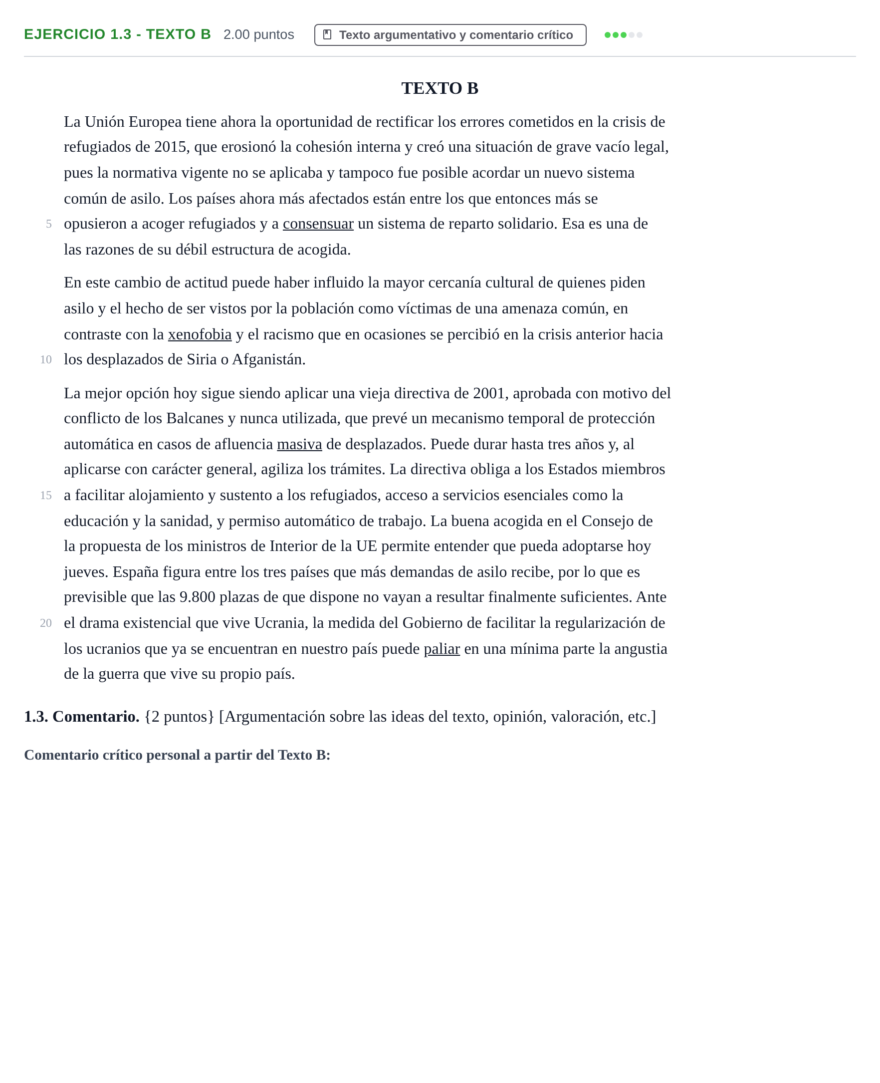 Enunciado: Ejercicio 1.3 - Texto B · Lengua Castellana y Literatura II PAU Murcia Ordinaria 2022