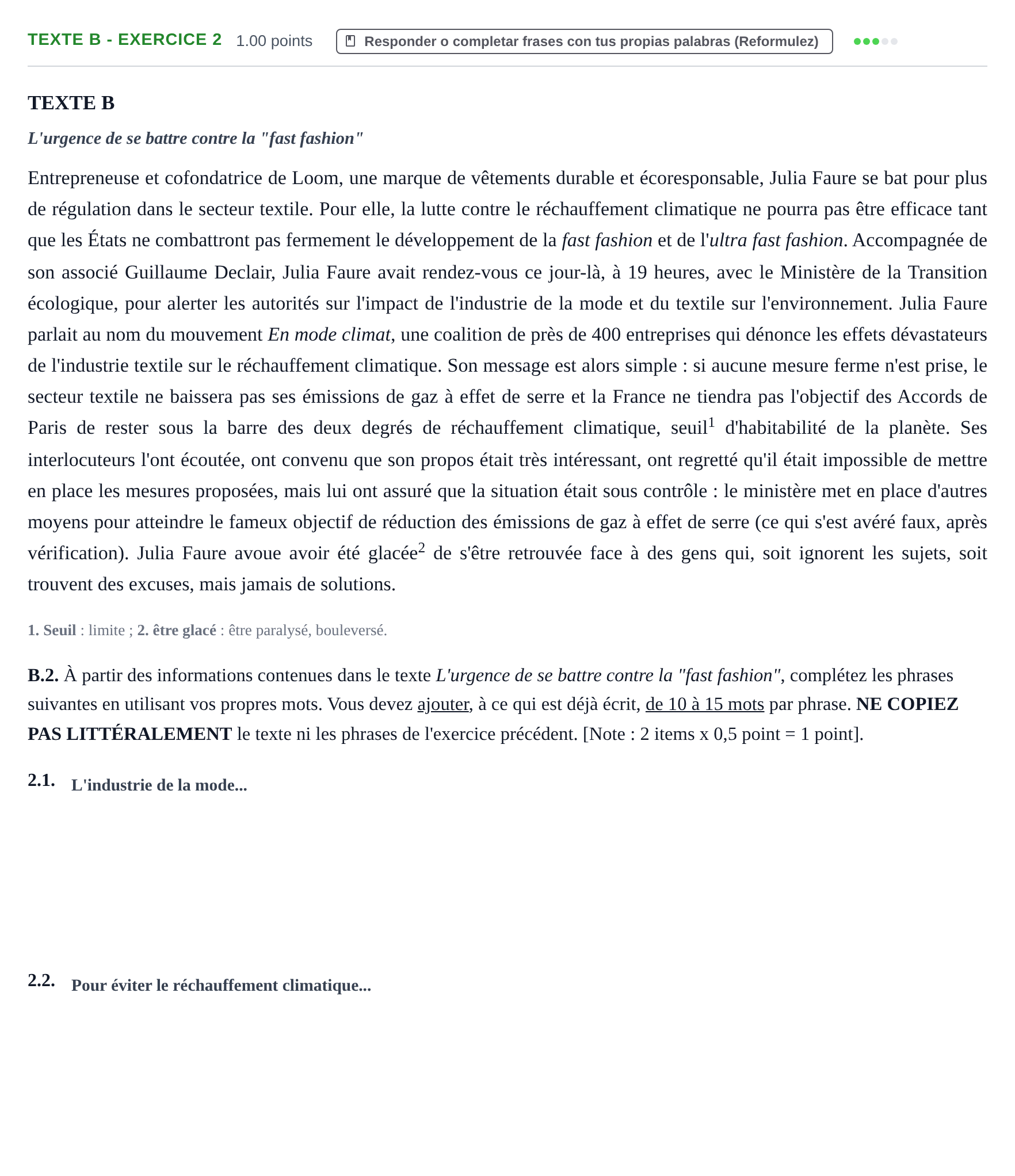 Enunciado: Ejercicio Texte B - Exercice 2 · Francés PAU Murcia Extraordinaria 2022