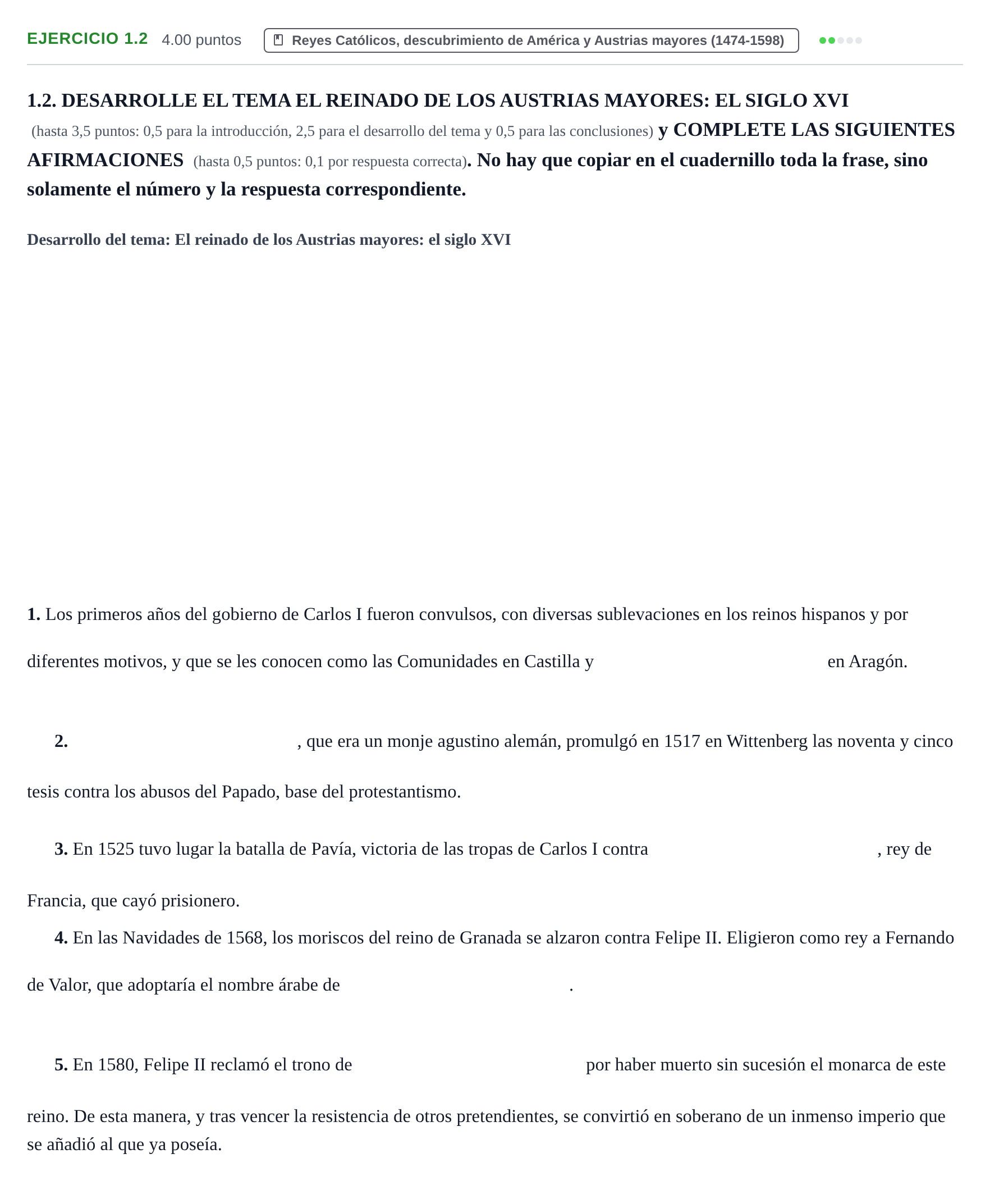 Enunciado: Ejercicio 1.2 · Historia de España PAU Murcia Extraordinaria 2022