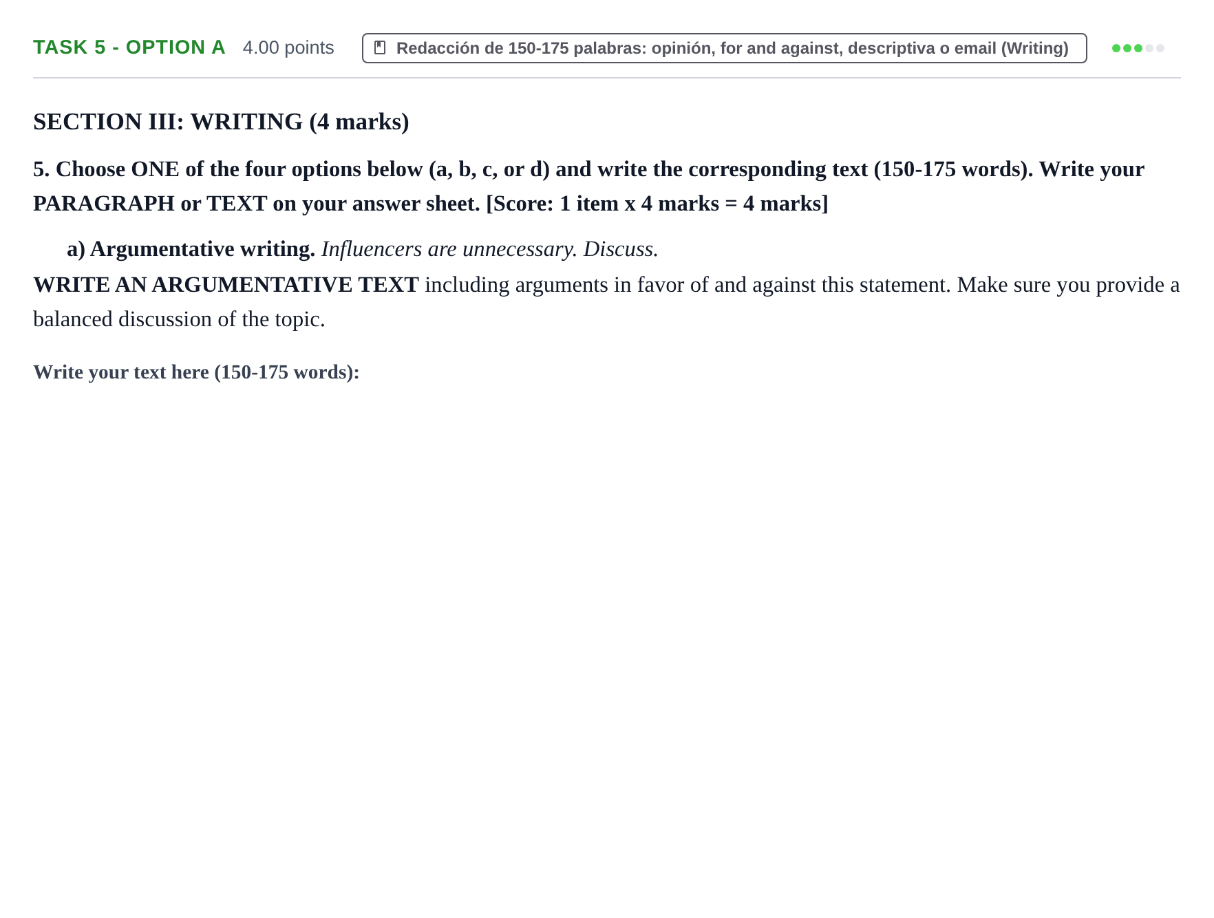 Enunciado: Task 5 - Option a · Inglés PAU Murcia Extraordinaria 2022