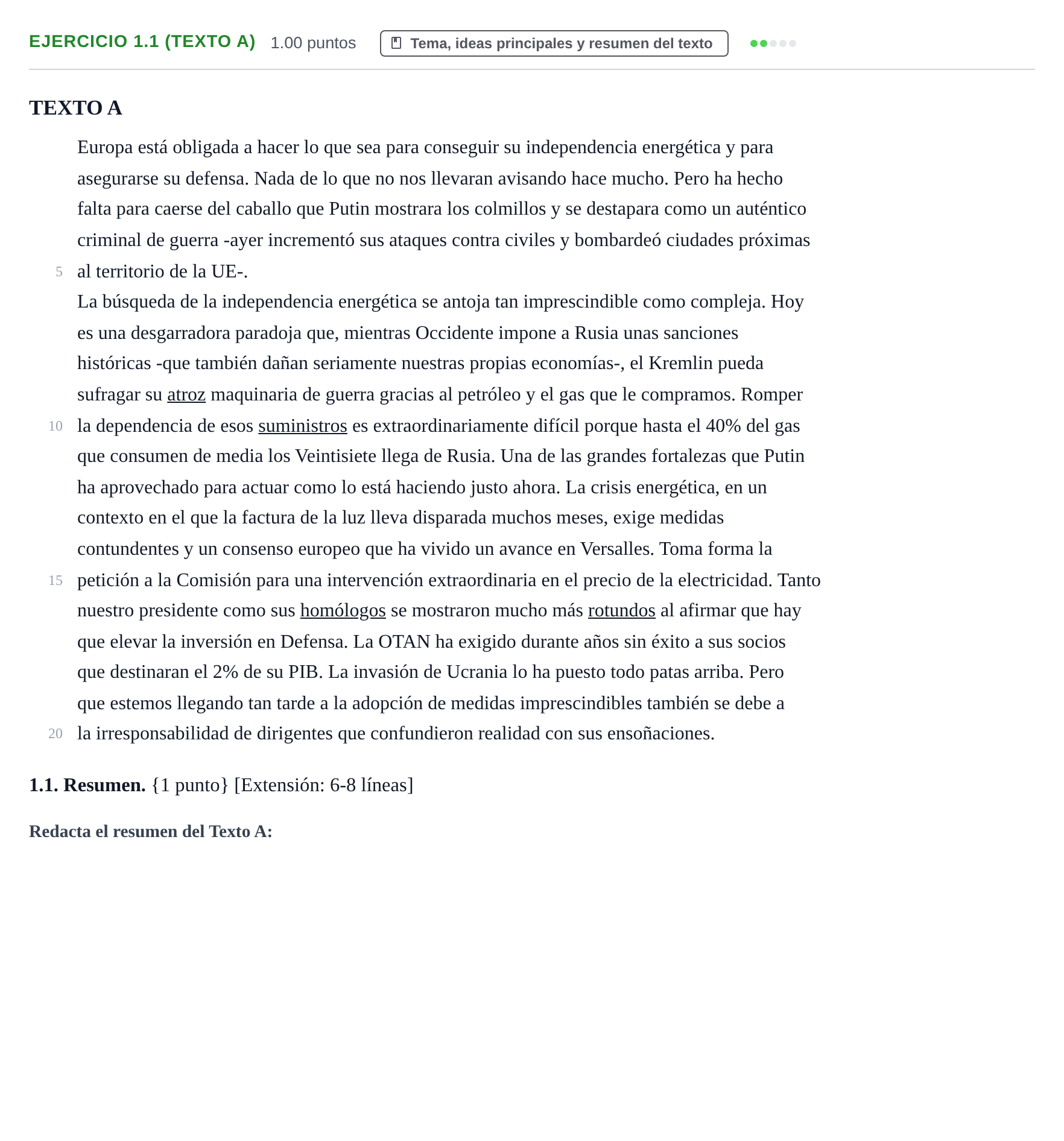 Enunciado: Ejercicio 1.1 (Texto A) · Lengua Castellana y Literatura II PAU Murcia Extraordinaria 2022