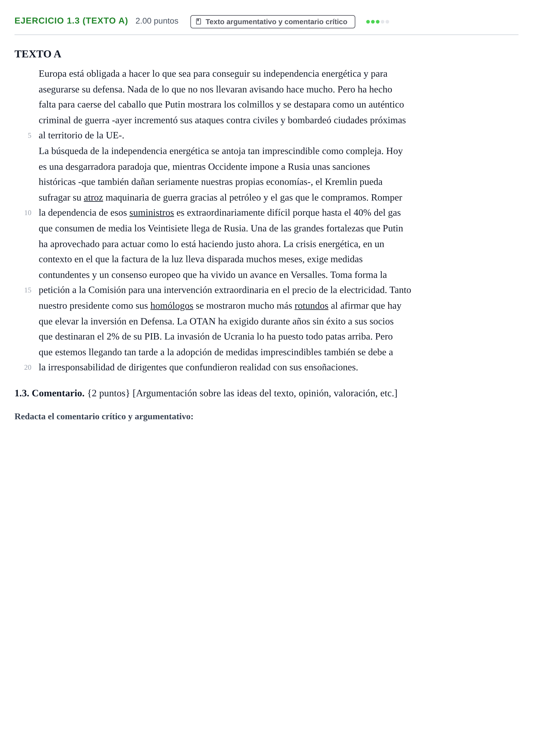 Enunciado: Ejercicio 1.3 (Texto A) · Lengua Castellana y Literatura II PAU Murcia Extraordinaria 2022