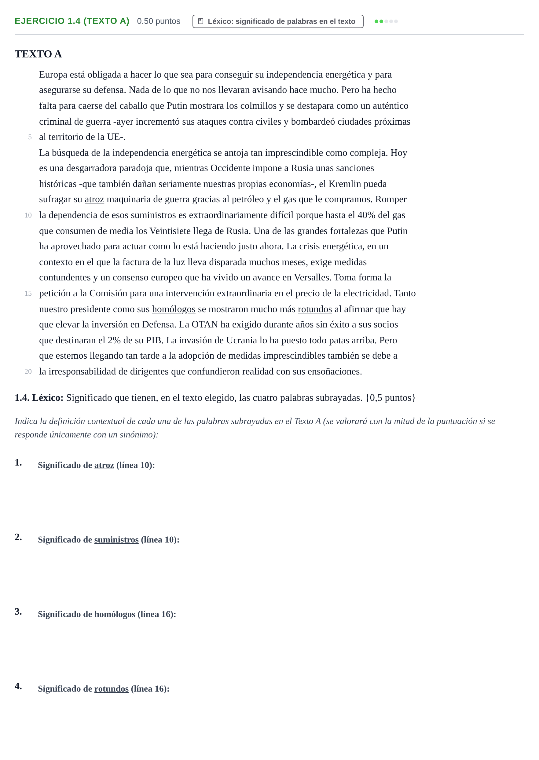 Enunciado: Ejercicio 1.4 (Texto A) · Lengua Castellana y Literatura II PAU Murcia Extraordinaria 2022