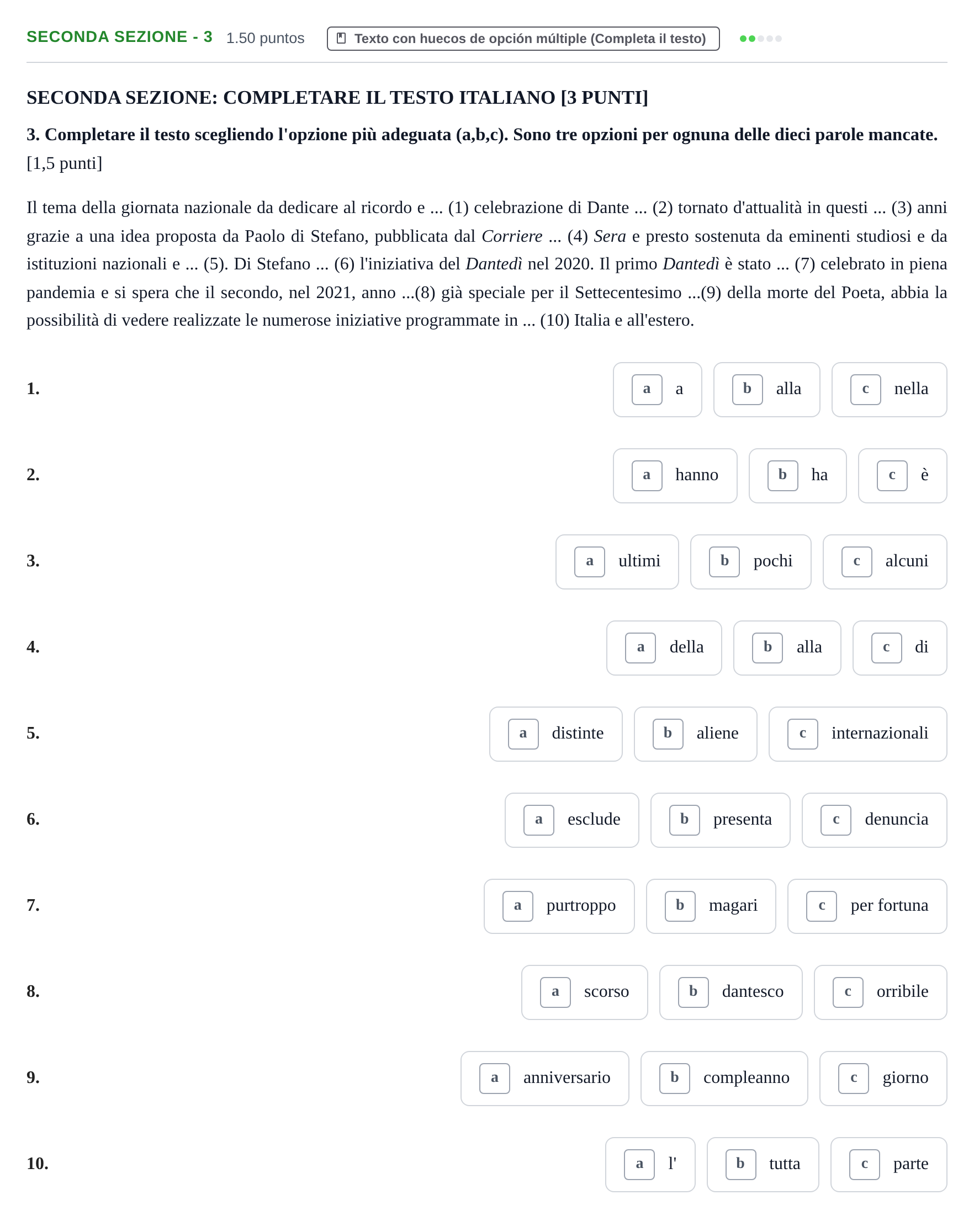 Enunciado: Ejercicio Seconda Sezione - 3 · Italiano PAU Murcia Ordinaria 2021