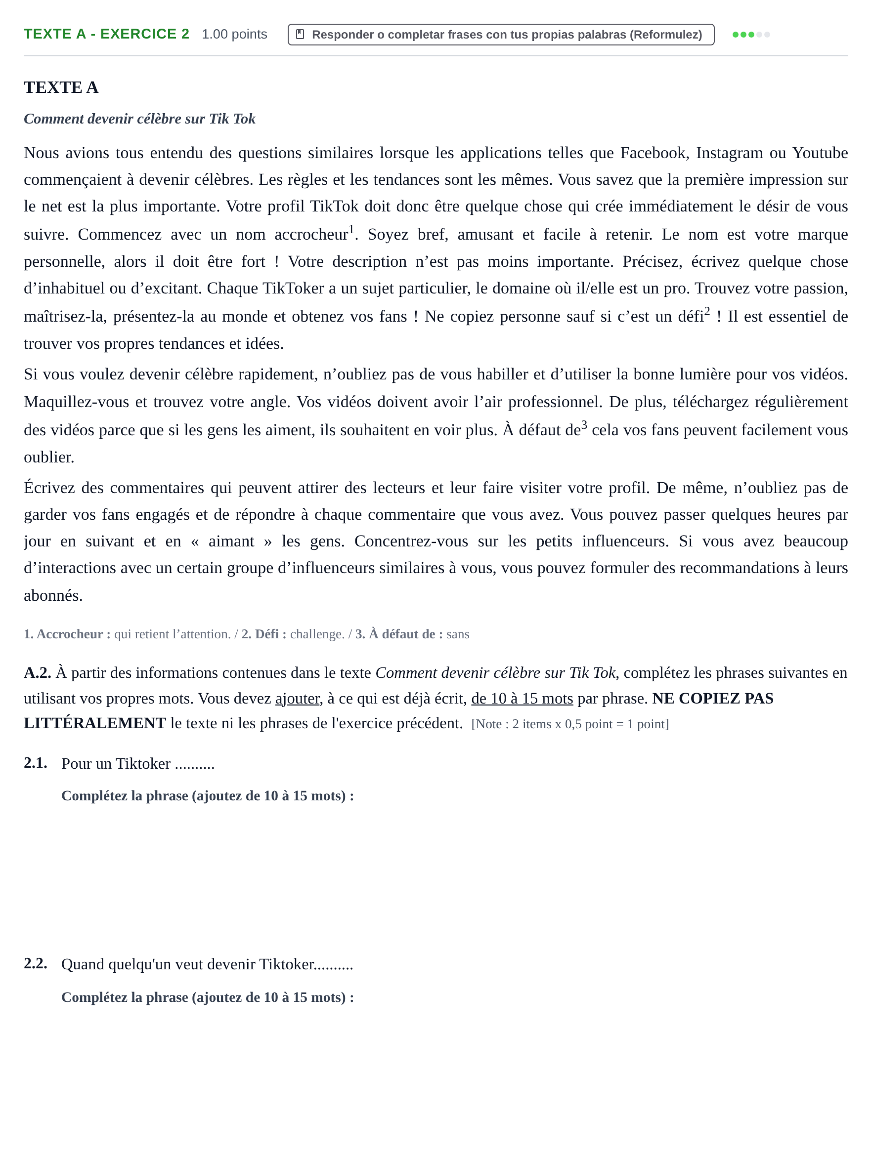 Enunciado: Ejercicio Texte A - Exercice 2 · Francés PAU Murcia Extraordinaria 2021