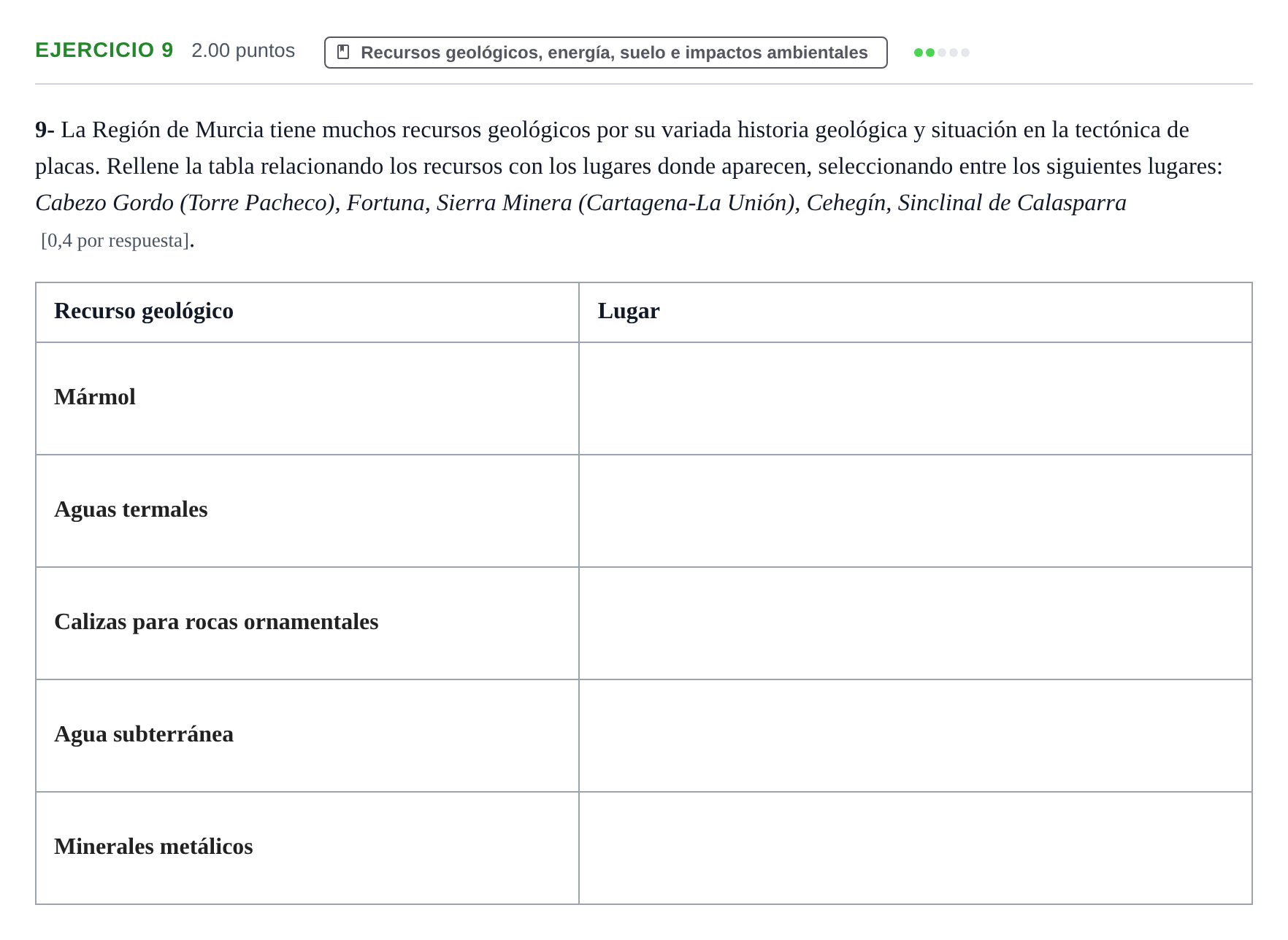 Enunciado: Problema 9 · Geología y Ciencias Ambientales PAU Murcia Extraordinaria 2021