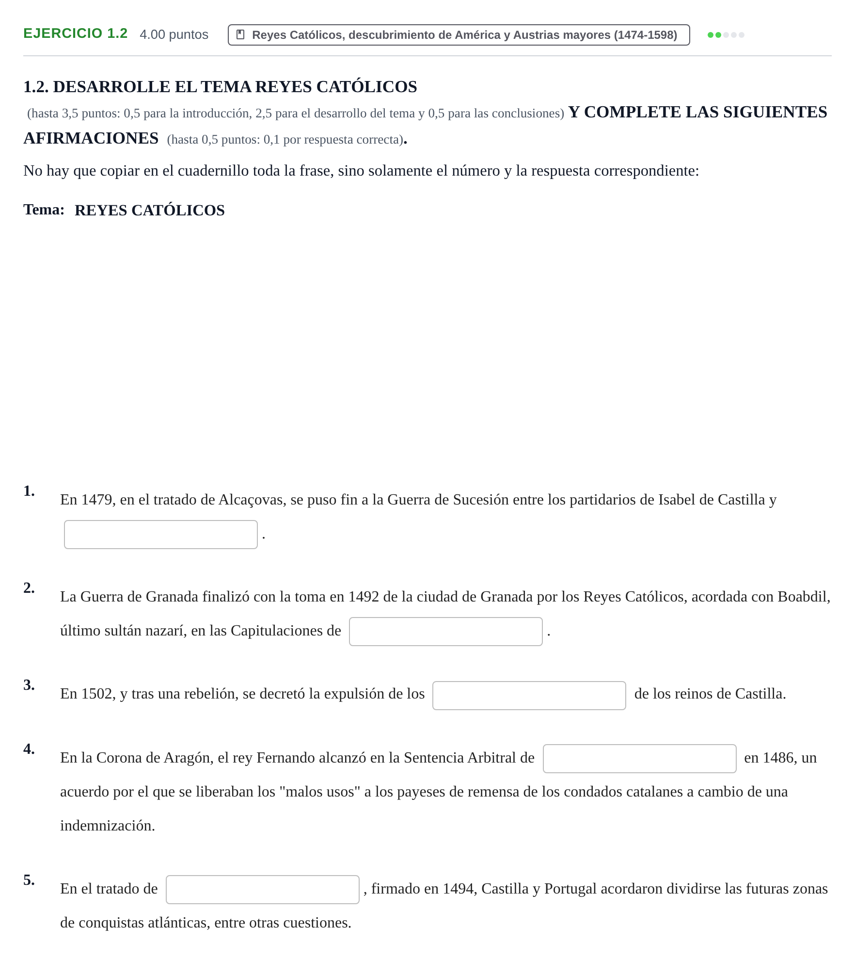 Enunciado: Ejercicio 1.2 · Historia de España PAU Murcia Extraordinaria 2021