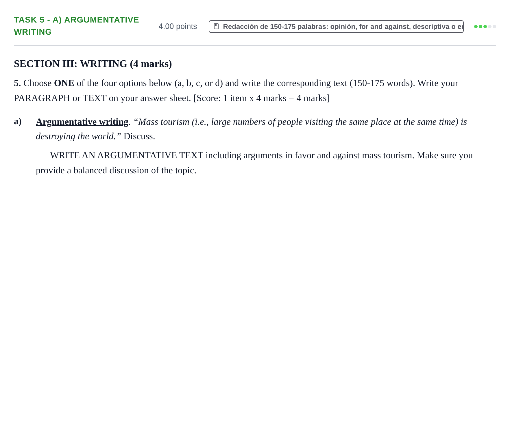Enunciado: Task 5 - a) Argumentative writing · Inglés PAU Murcia Extraordinaria 2021