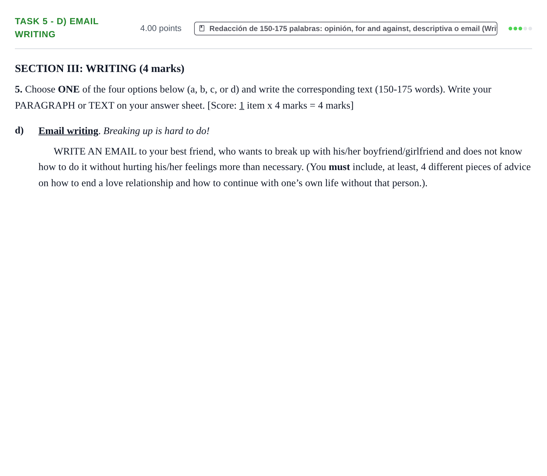 Enunciado: Task 5 - d) Email writing · Inglés PAU Murcia Extraordinaria 2021