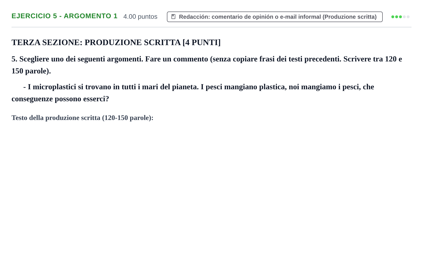 Enunciado: Ejercicio 5 - Argomento 1 · Italiano PAU Murcia Extraordinaria 2021