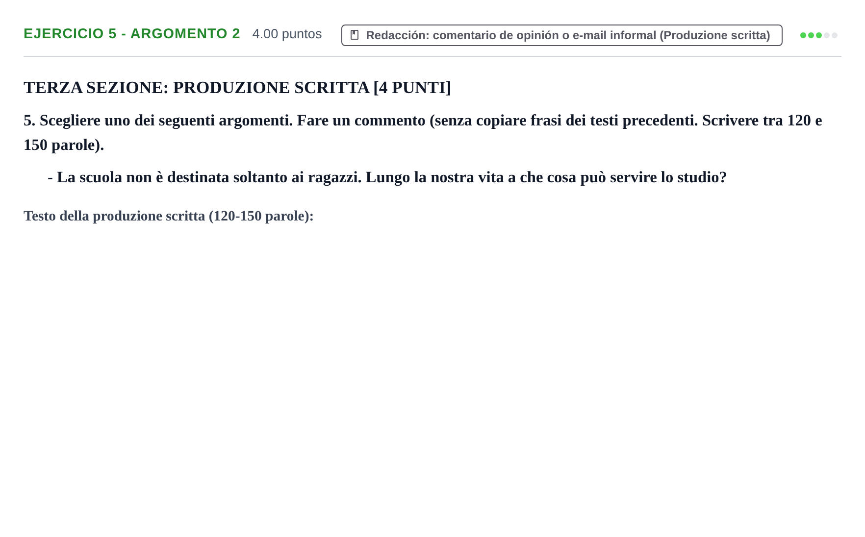 Enunciado: Ejercicio 5 - Argomento 2 · Italiano PAU Murcia Extraordinaria 2021
