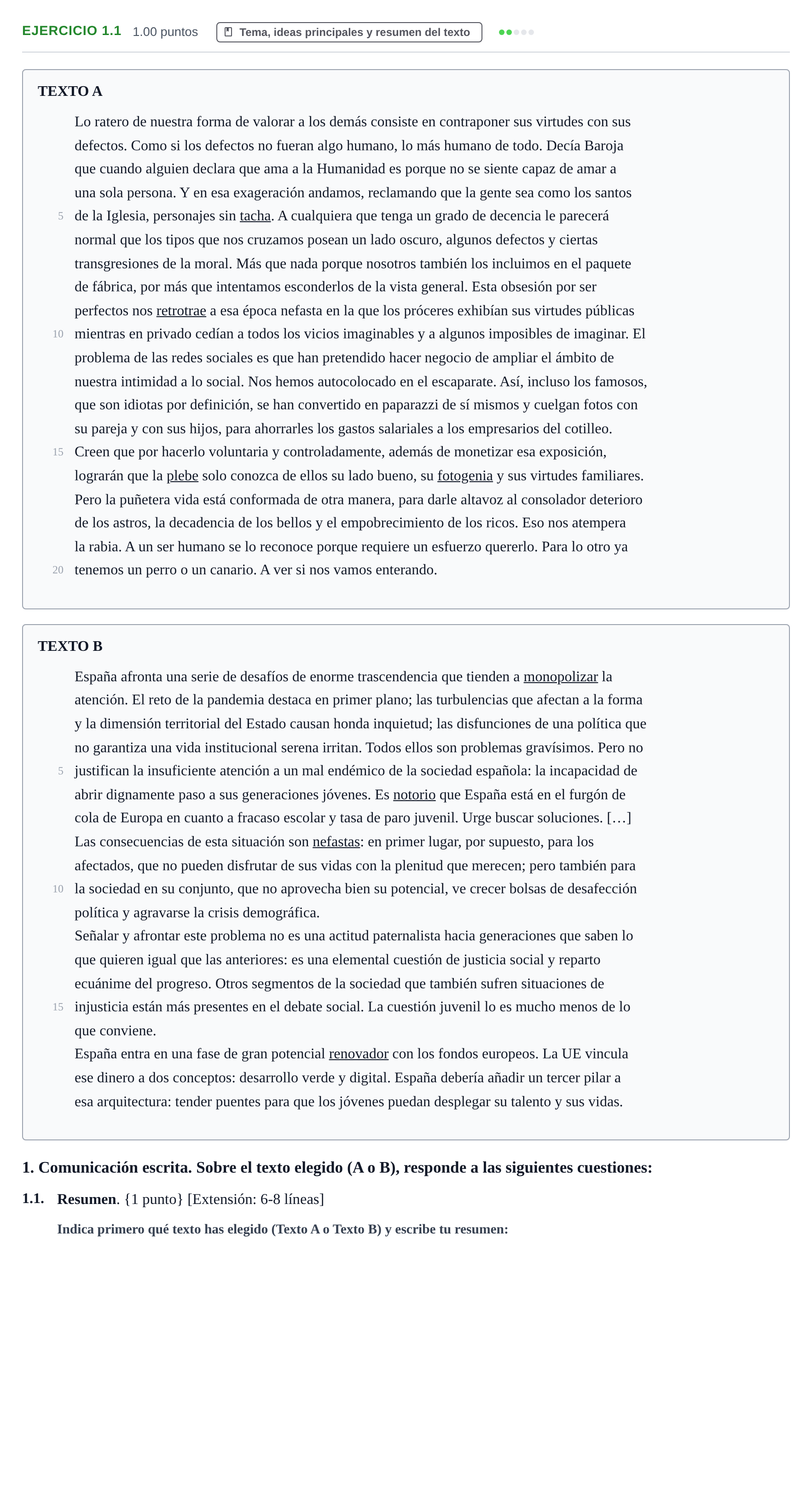 Enunciado: Ejercicio 1.1 · Lengua Castellana y Literatura II PAU Murcia Extraordinaria 2021