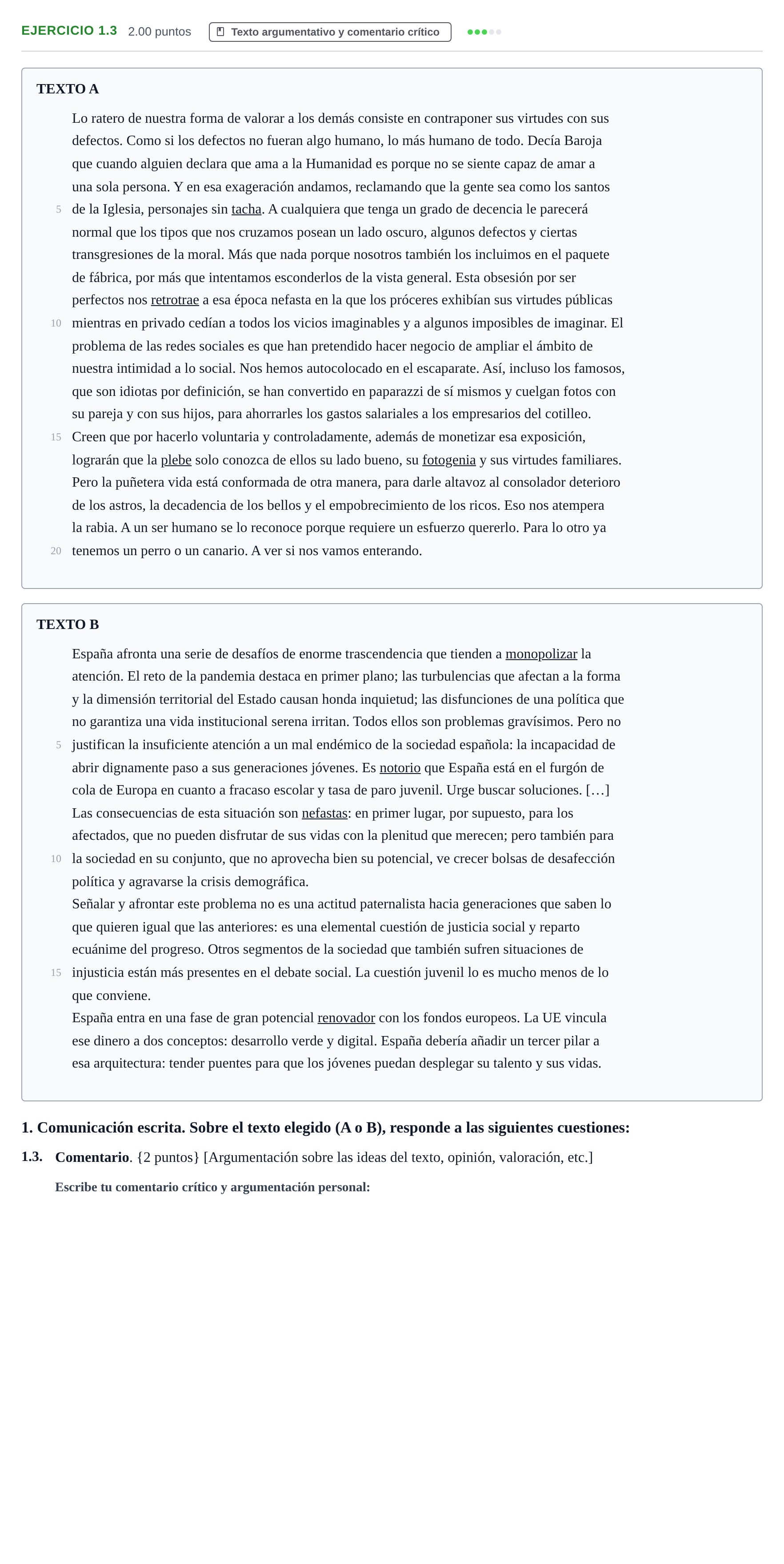 Enunciado: Ejercicio 1.3 · Lengua Castellana y Literatura II PAU Murcia Extraordinaria 2021