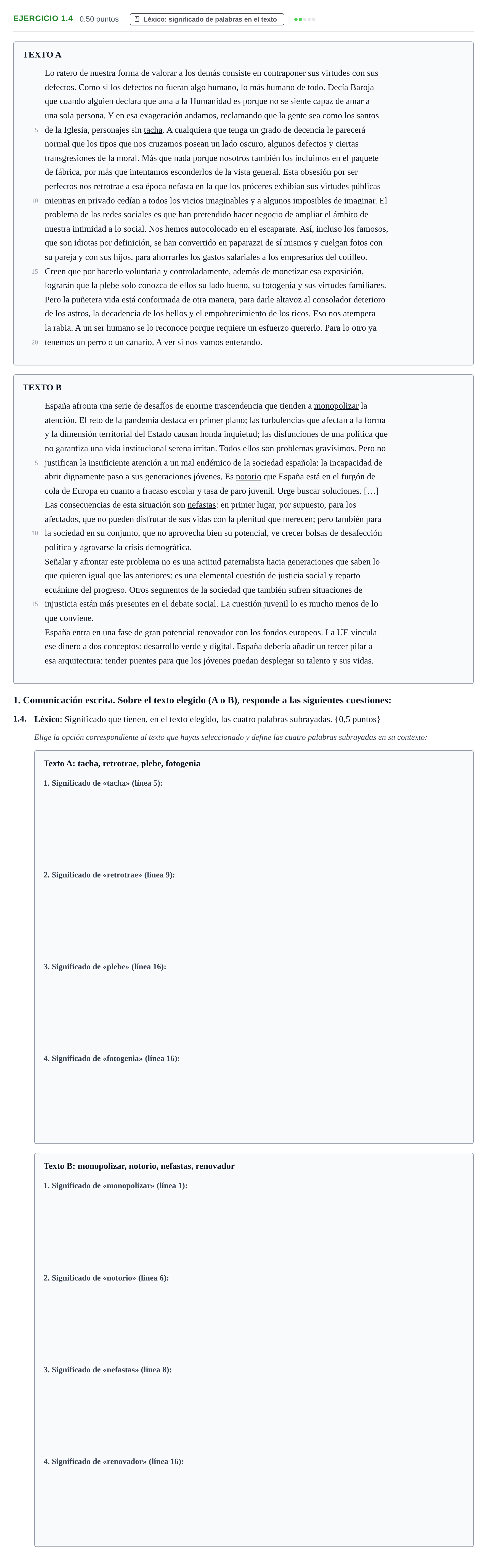Enunciado: Ejercicio 1.4 · Lengua Castellana y Literatura II PAU Murcia Extraordinaria 2021