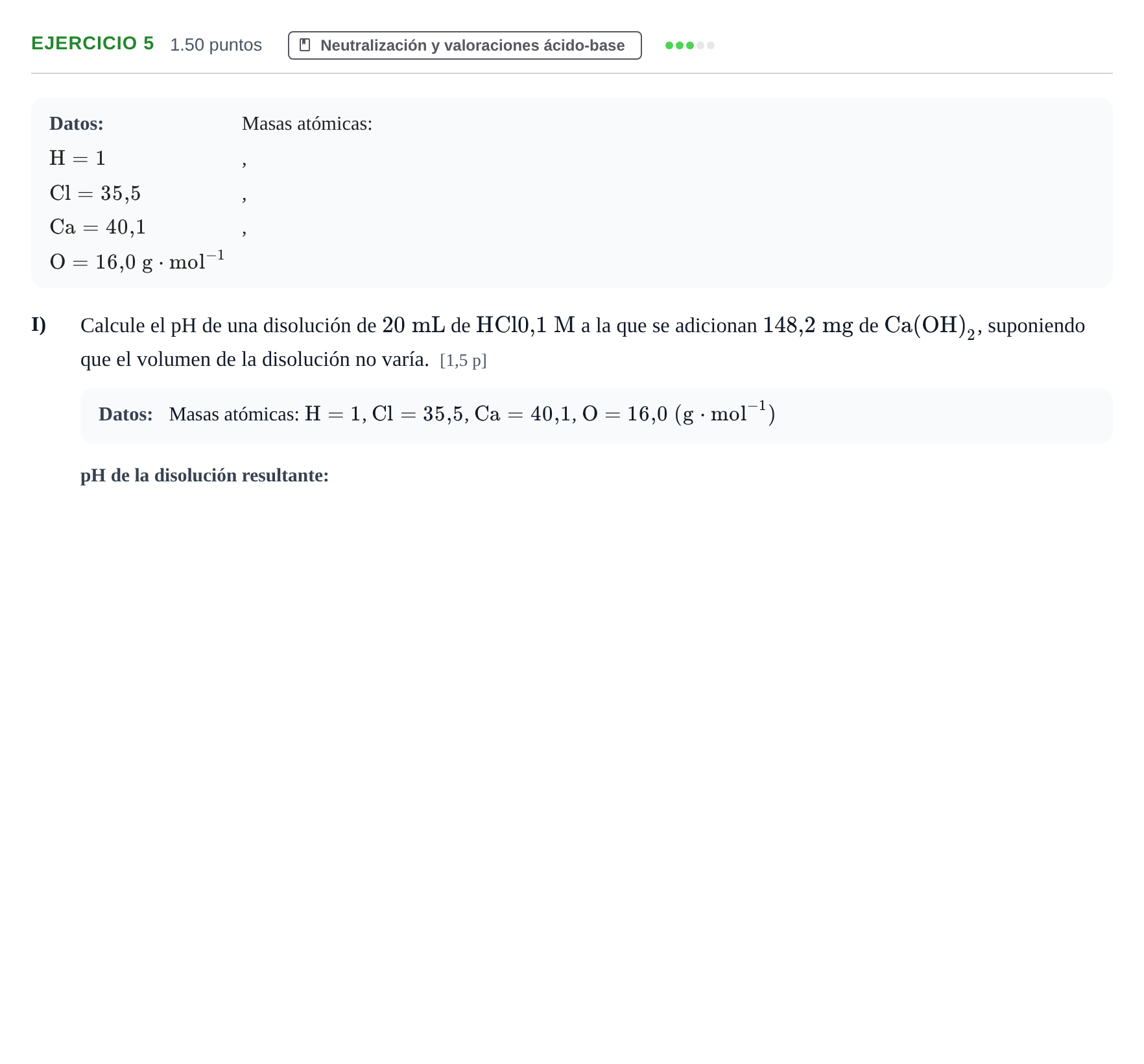 Enunciado: Ejercicio 5 - Neutralización · Química PAU Murcia Extraordinaria 2021