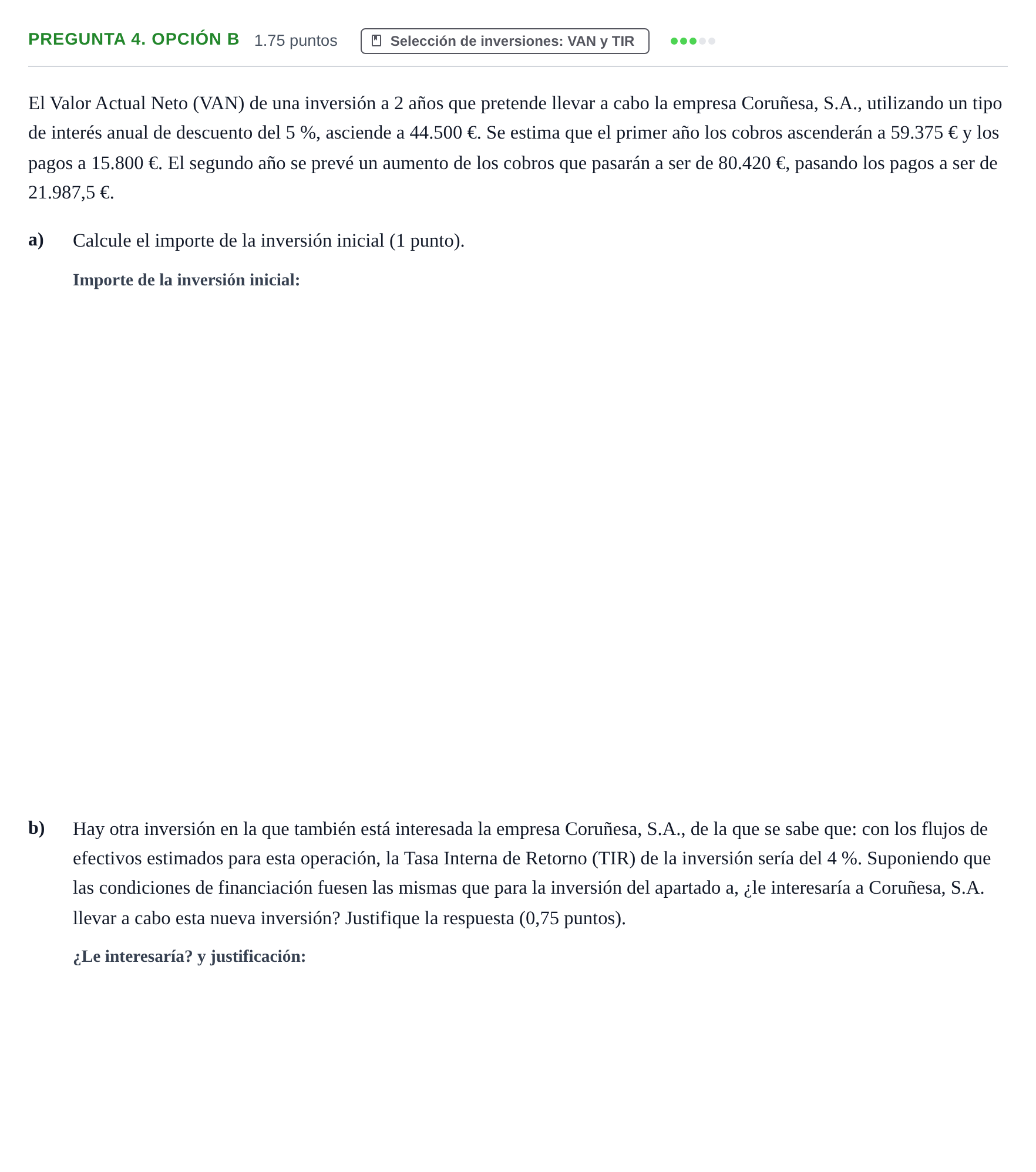 Enunciado: Pregunta 4. Opción B - Selección de inversiones · Empresa y Diseño de Modelos de Negocio PAU Asturias Extraordinaria 2026