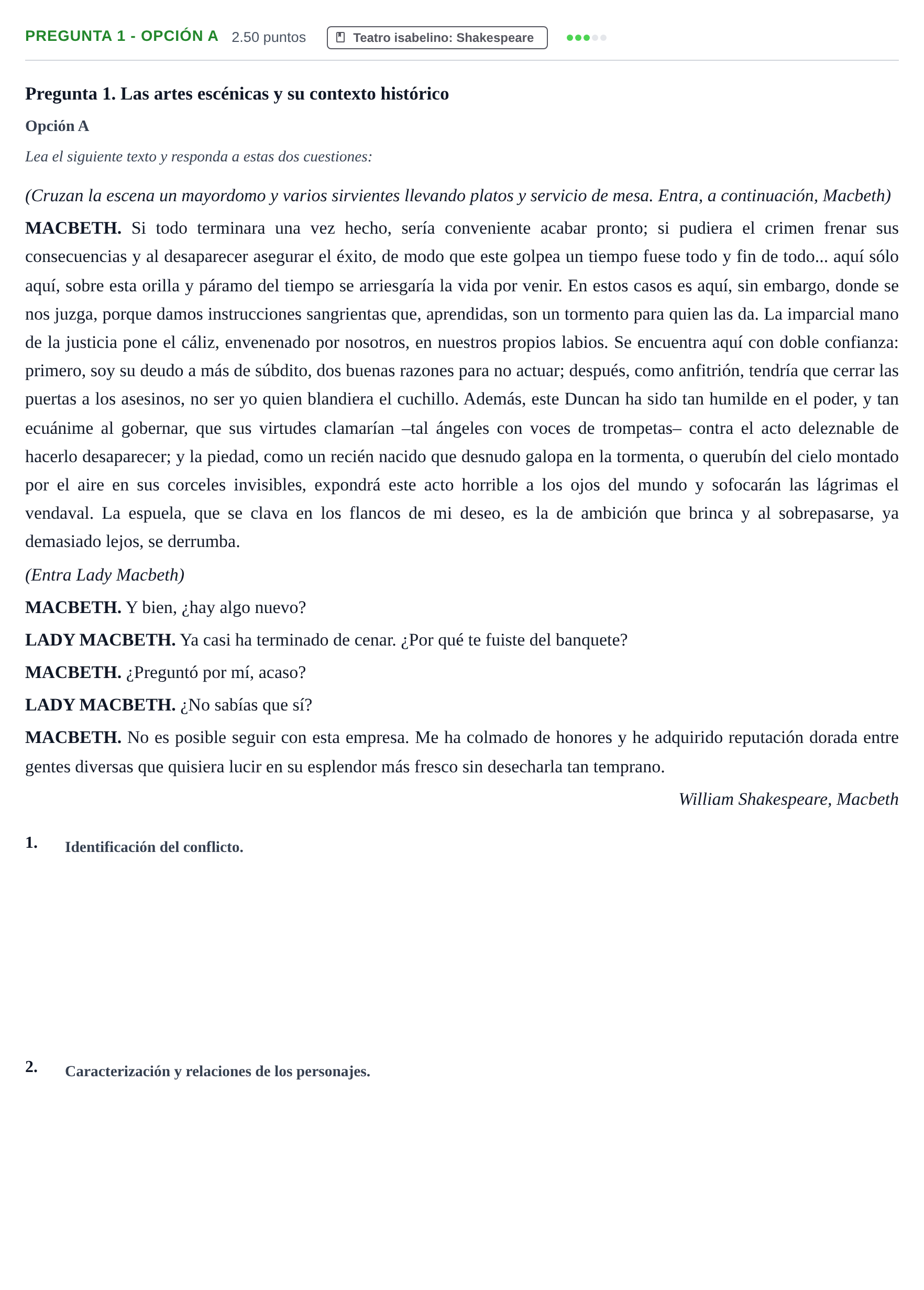 Enunciado: Pregunta 1 - Opción A · Artes Escénicas PAU Asturias Extraordinaria 2026