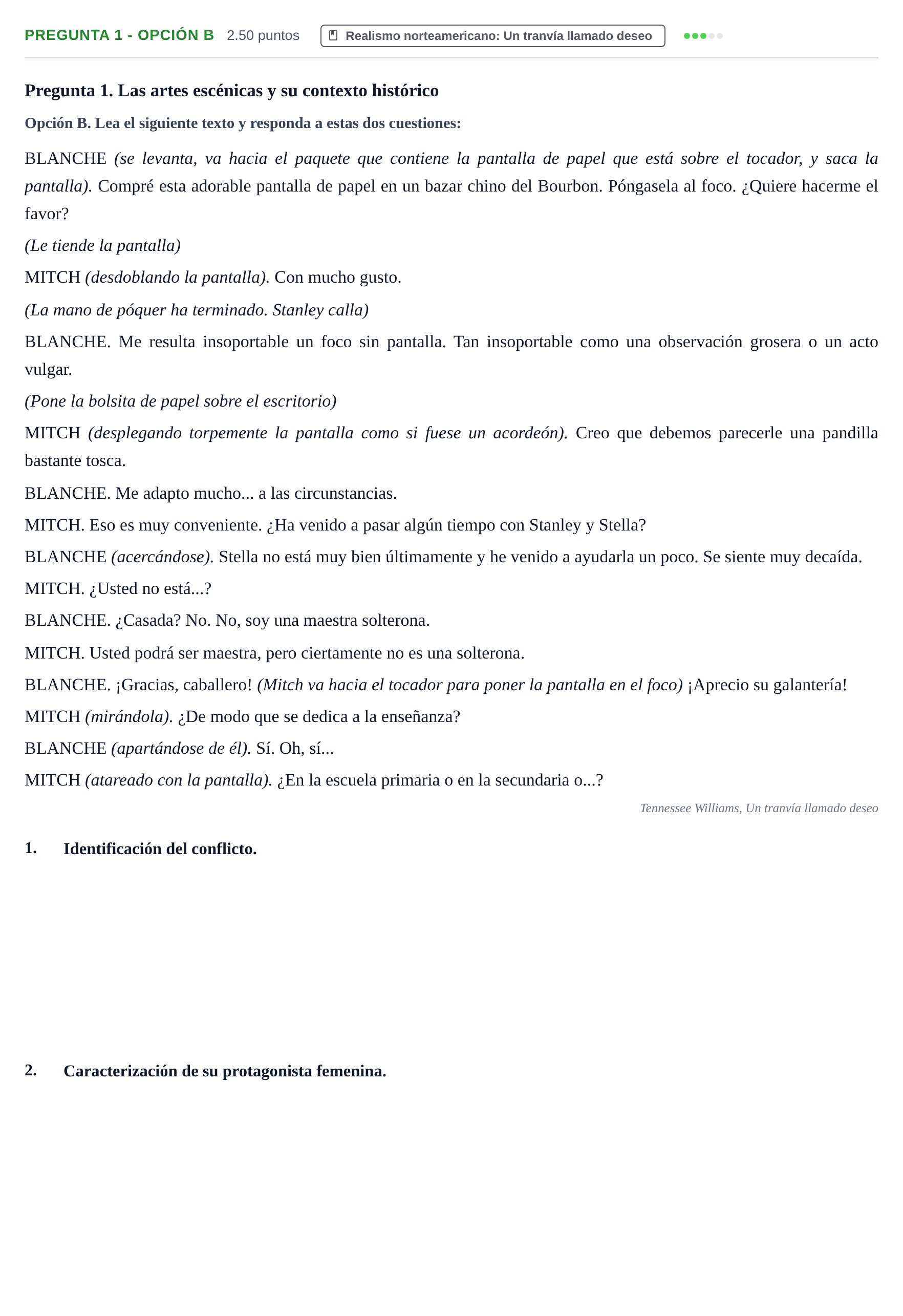 Enunciado: Pregunta 1 - Opción B · Artes Escénicas PAU Asturias Ordinaria 2026