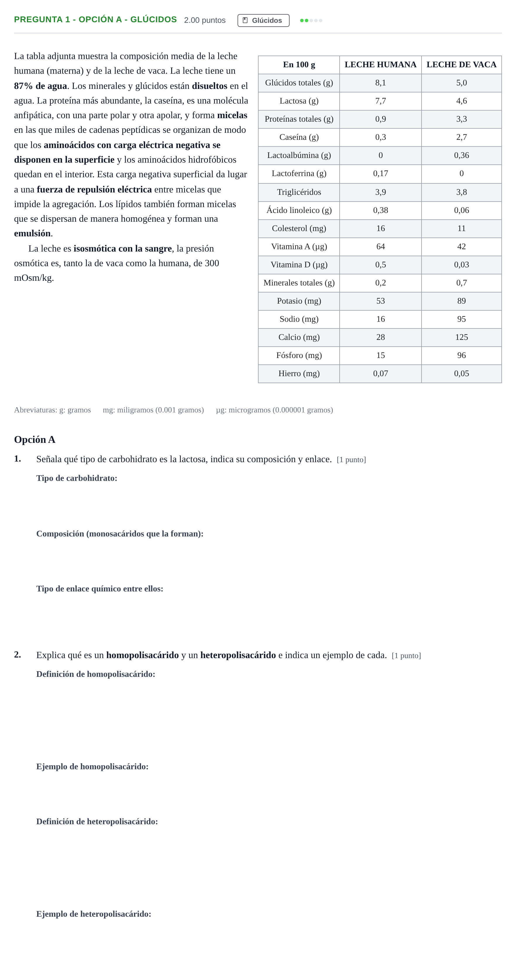 Enunciado: Pregunta 1 - Opción A - Glúcidos · Biología PAU Asturias Extraordinaria 2026