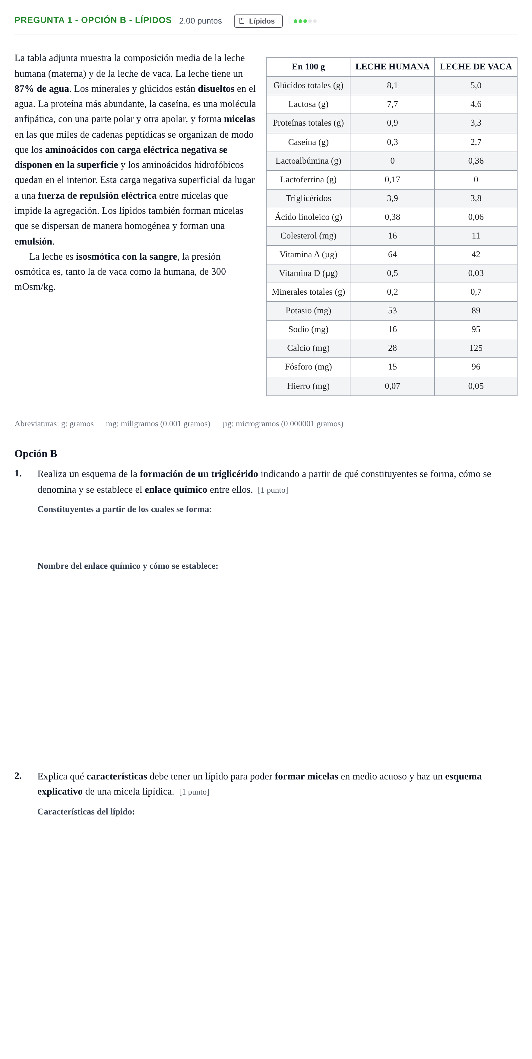 Enunciado: Pregunta 1 - Opción B - Lípidos · Biología PAU Asturias Extraordinaria 2026