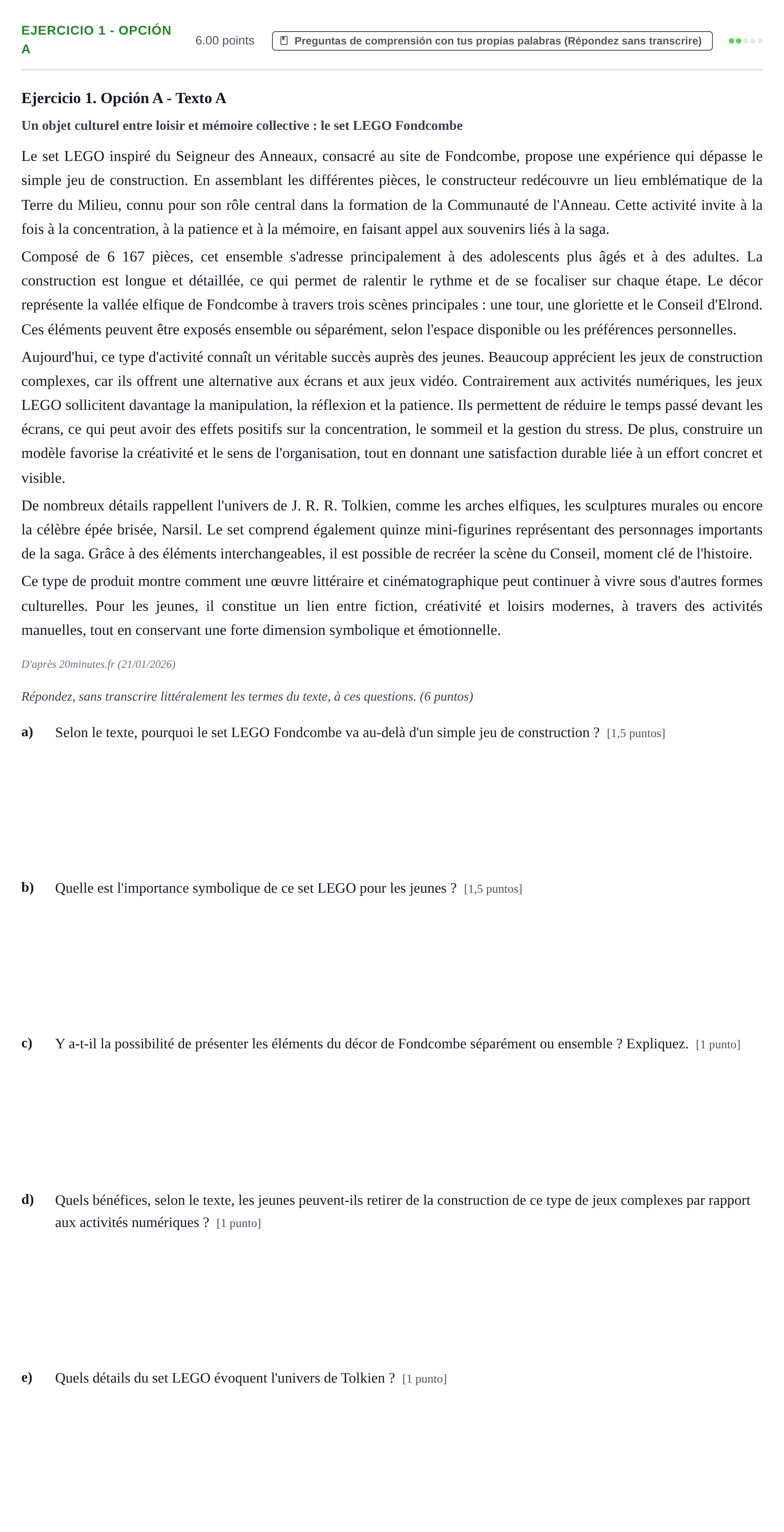 Enunciado: Ejercicio 1 - Opción A · Francés PAU Asturias Extraordinaria (2ª lengua extranjera) 2026