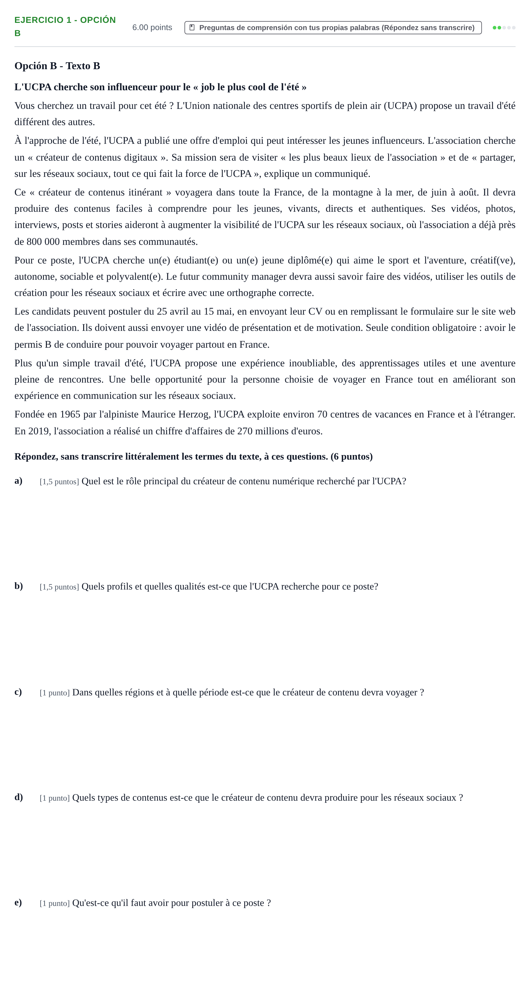 Enunciado: Ejercicio 1 - Opción B · Francés PAU Asturias Extraordinaria (2ª lengua extranjera) 2026