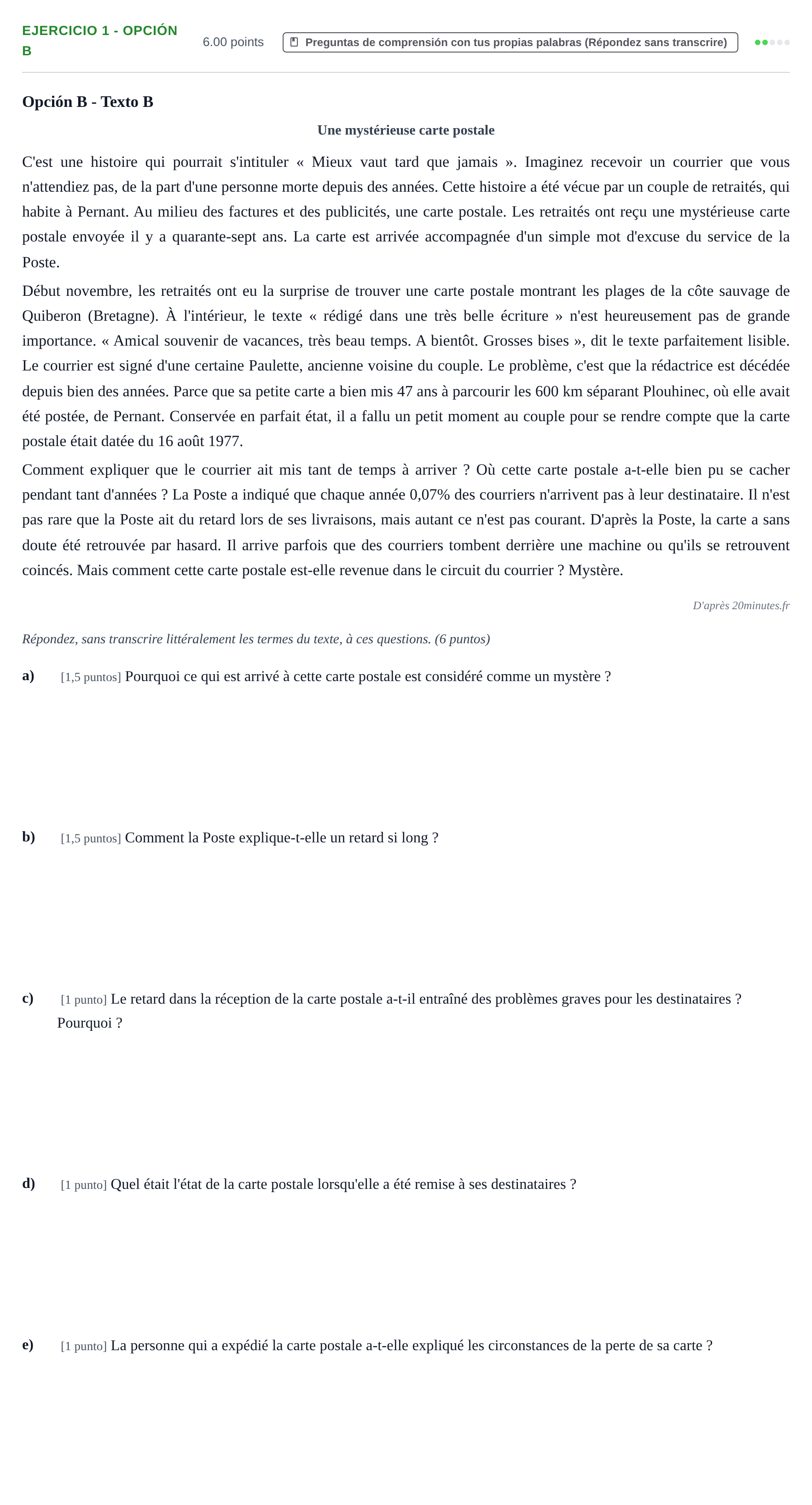 Enunciado: Ejercicio 1 - Opción B · Francés PAU Asturias Ordinaria (2ª lengua extranjera) 2026