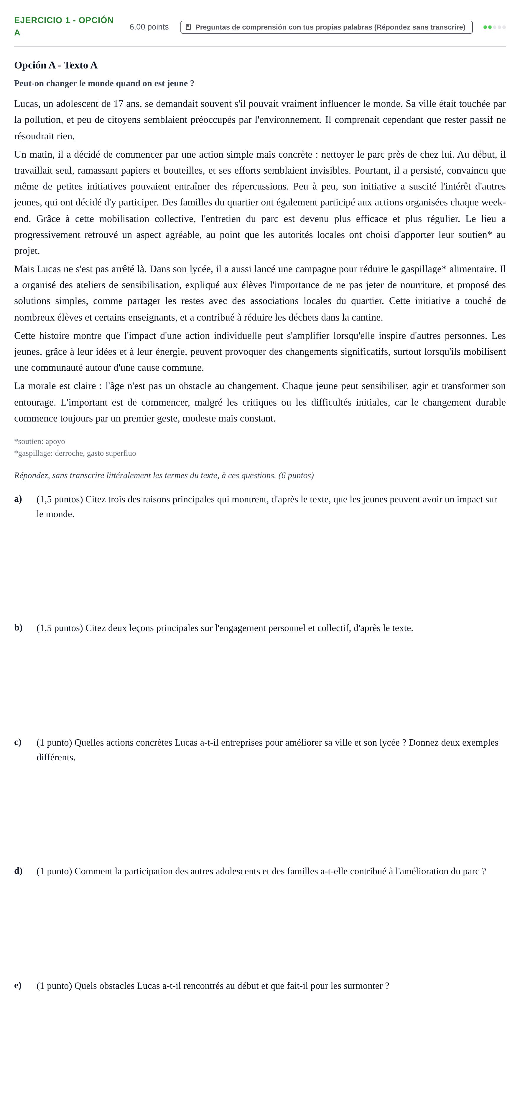 Enunciado: Ejercicio 1 - Opción A · Francés PAU Asturias Extraordinaria 2026