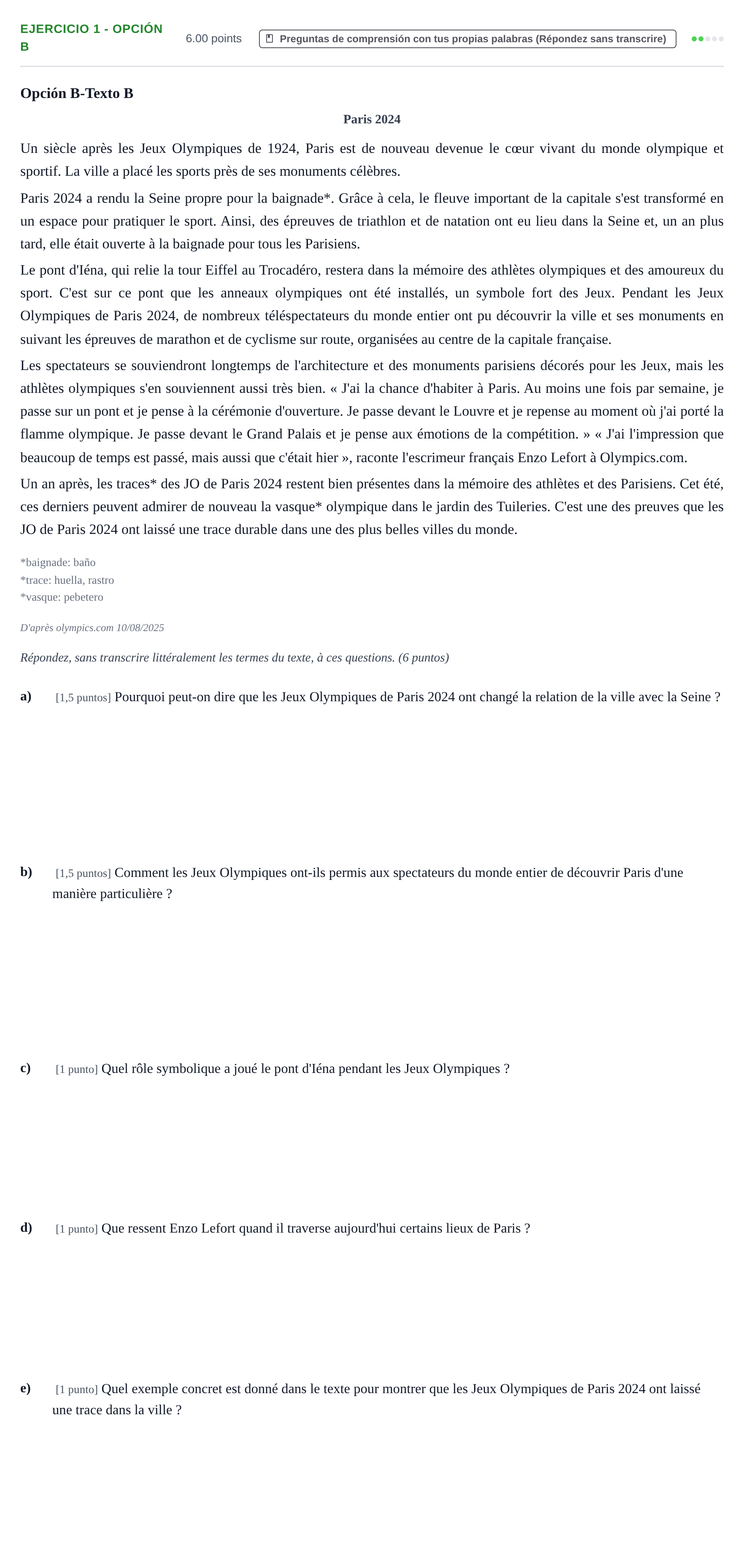 Enunciado: Ejercicio 1 - Opción B · Francés PAU Asturias Extraordinaria 2026