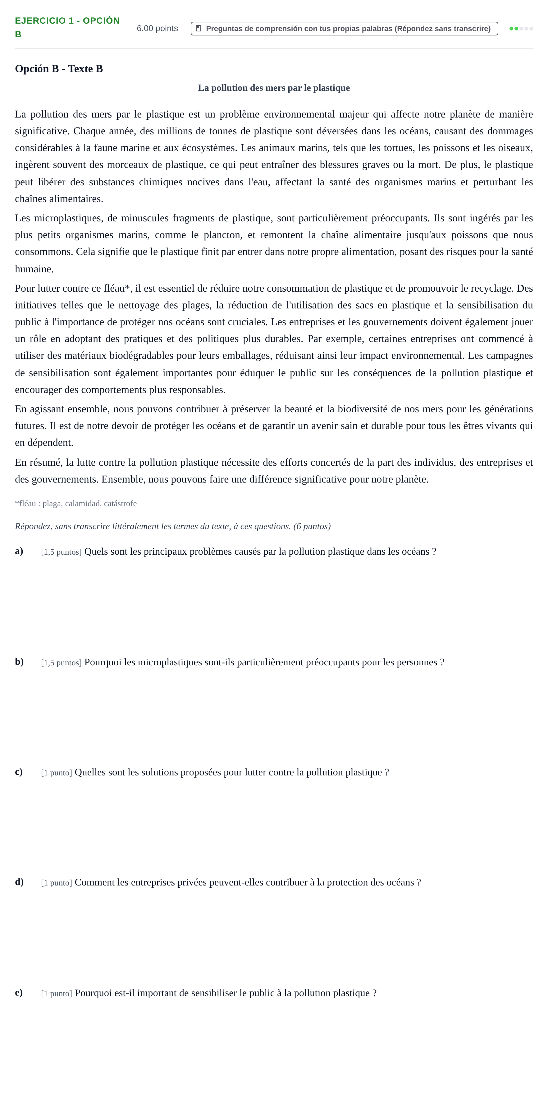 Enunciado: Ejercicio 1 - Opción B · Francés PAU Asturias Ordinaria 2026