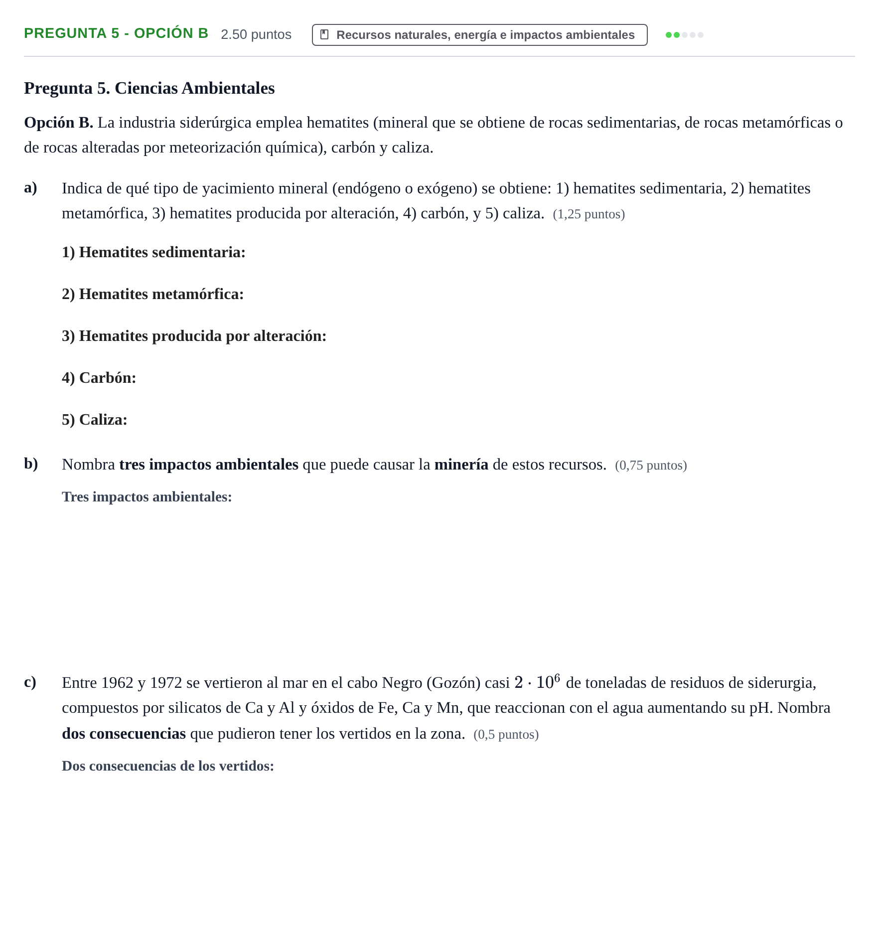 Enunciado: Pregunta 5 - Opción B · Geología y Ciencias Ambientales PAU Asturias Ordinaria 2026