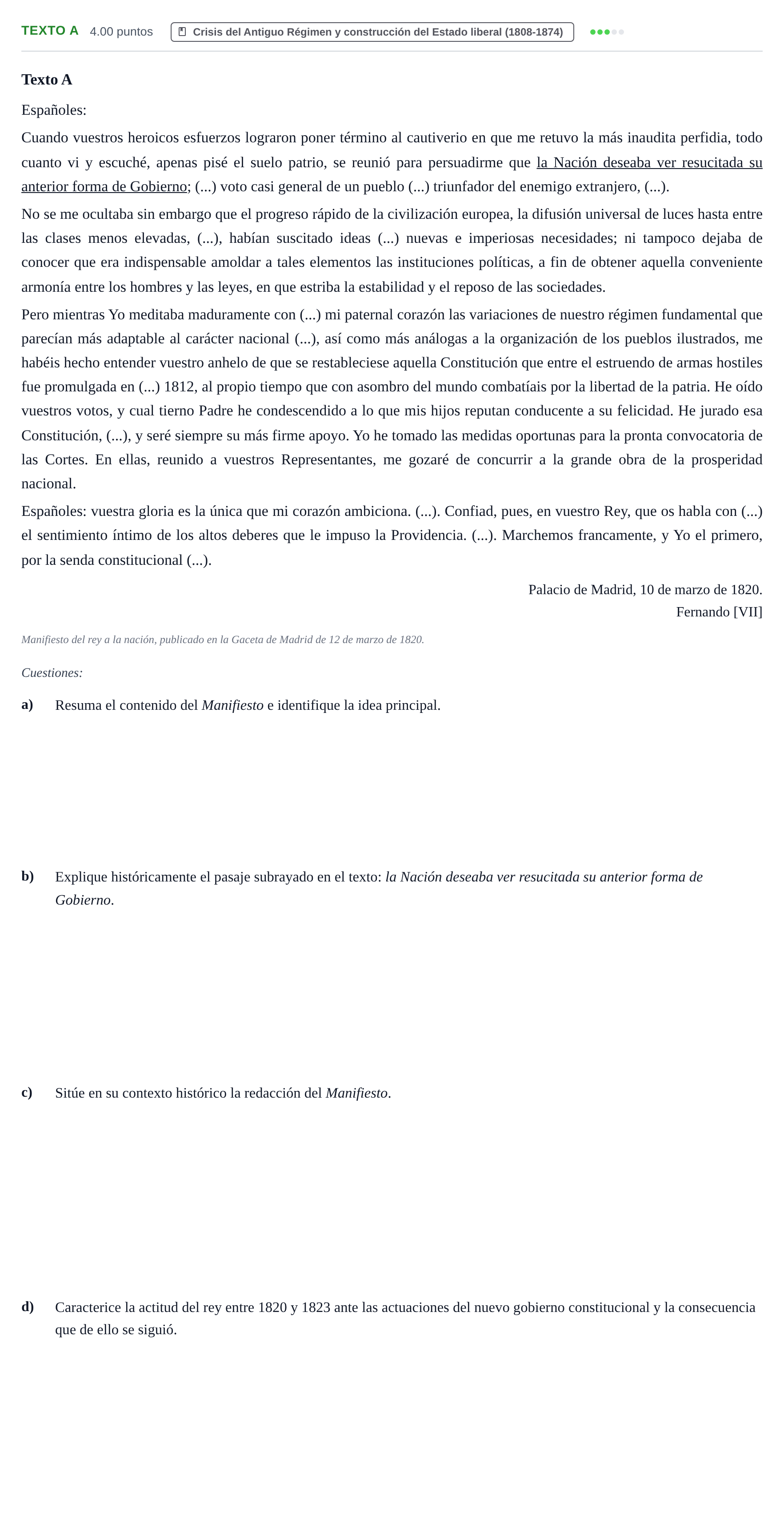 Enunciado: Ejercicio Texto A · Historia de España PAU Asturias Extraordinaria 2026