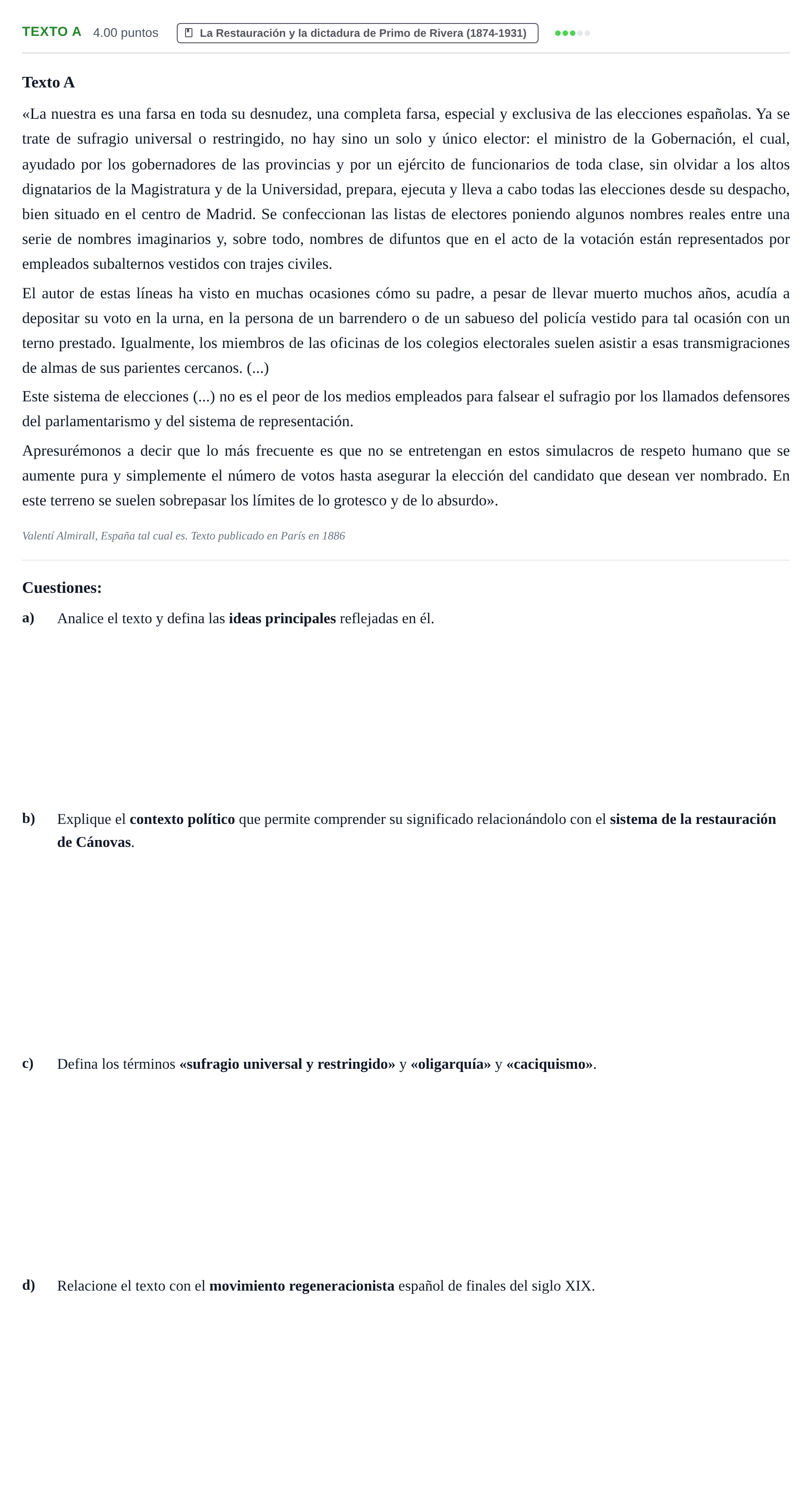 Enunciado: Ejercicio Texto A · Historia de España PAU Asturias Ordinaria 2026