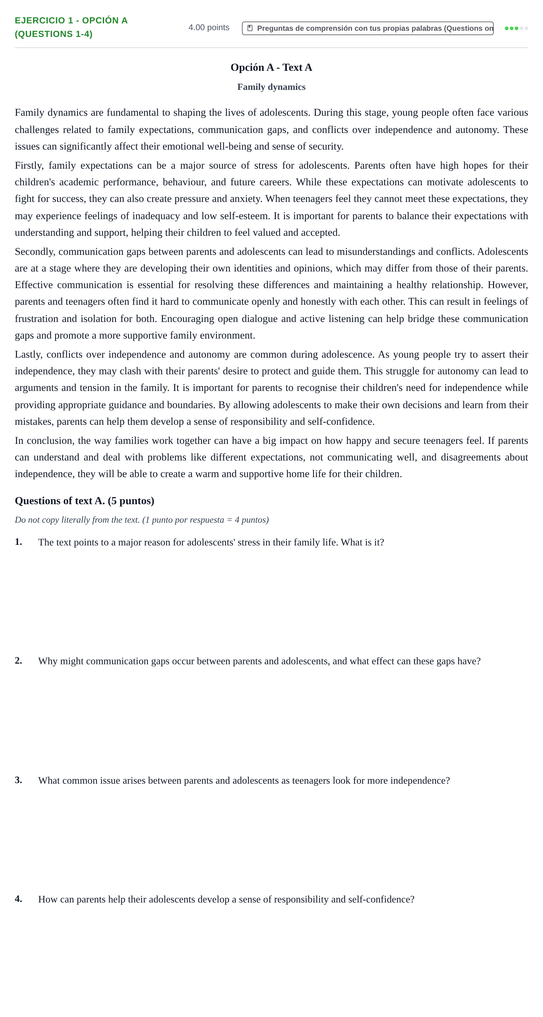 Enunciado: Ejercicio 1 - Opción A (Questions 1-4) · Inglés PAU Asturias Ordinaria 2026