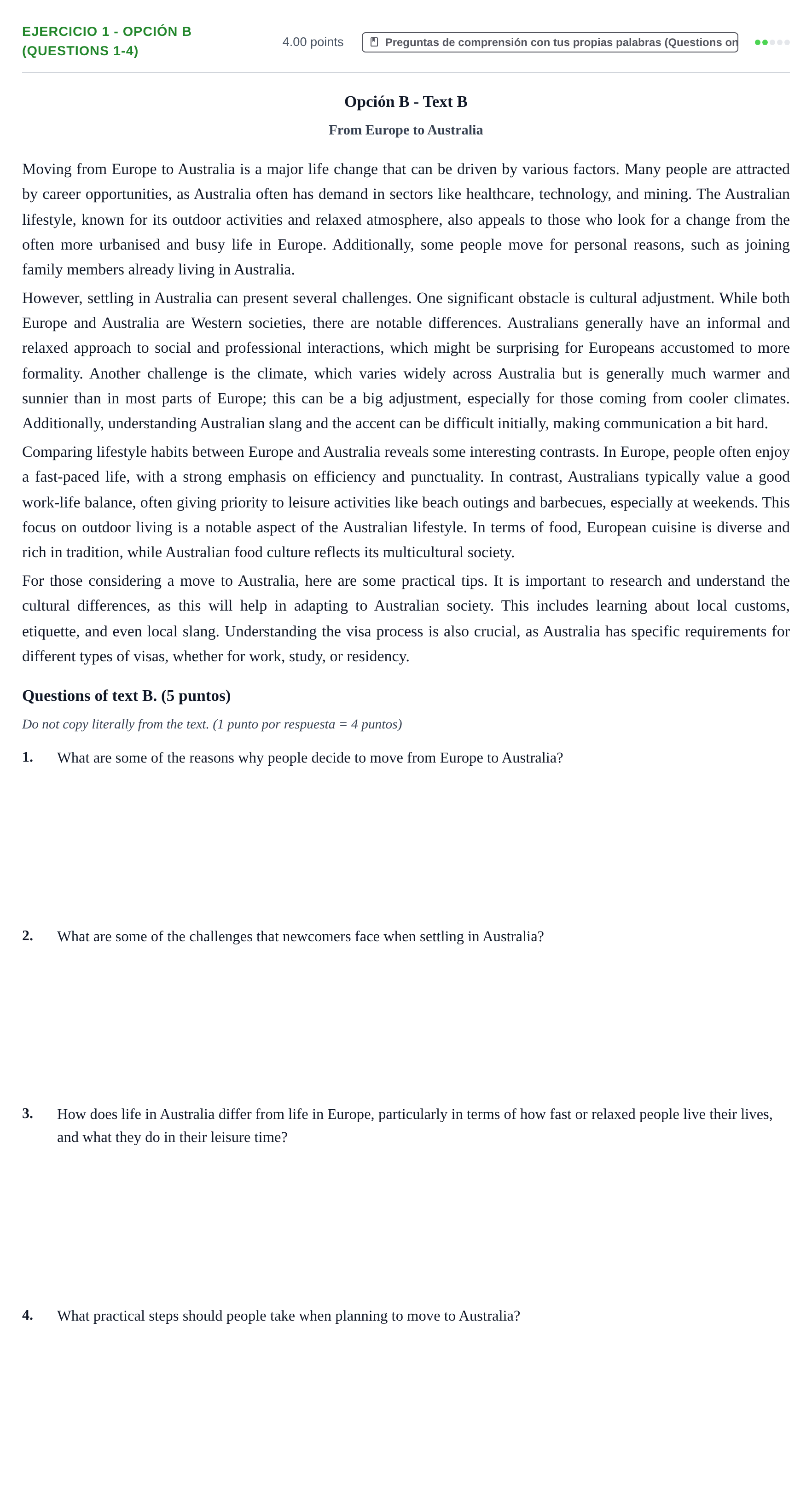 Enunciado: Ejercicio 1 - Opción B (Questions 1-4) · Inglés PAU Asturias Ordinaria 2026