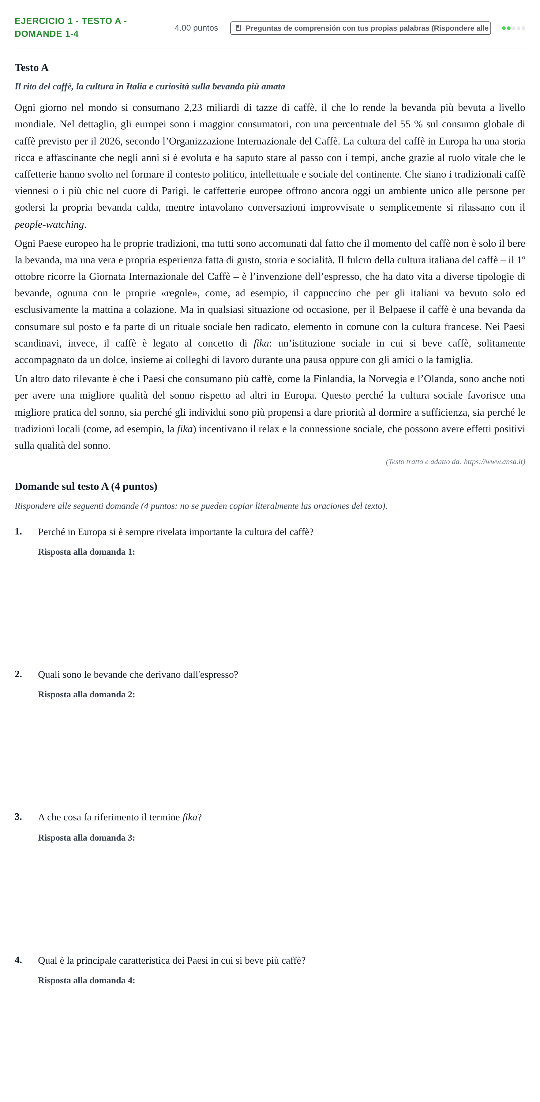 Enunciado: Ejercicio 1 - Testo A - Domande 1-4 · Italiano PAU Asturias Extraordinaria (2ª lengua extranjera) 2026