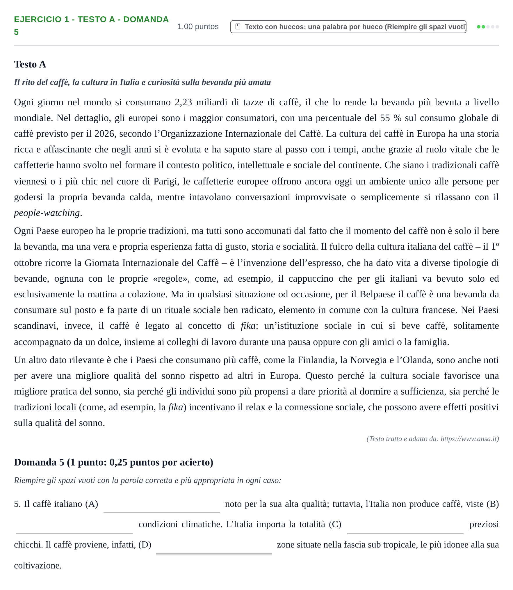 Enunciado: Ejercicio 1 - Testo A - Domanda 5 · Italiano PAU Asturias Extraordinaria (2ª lengua extranjera) 2026