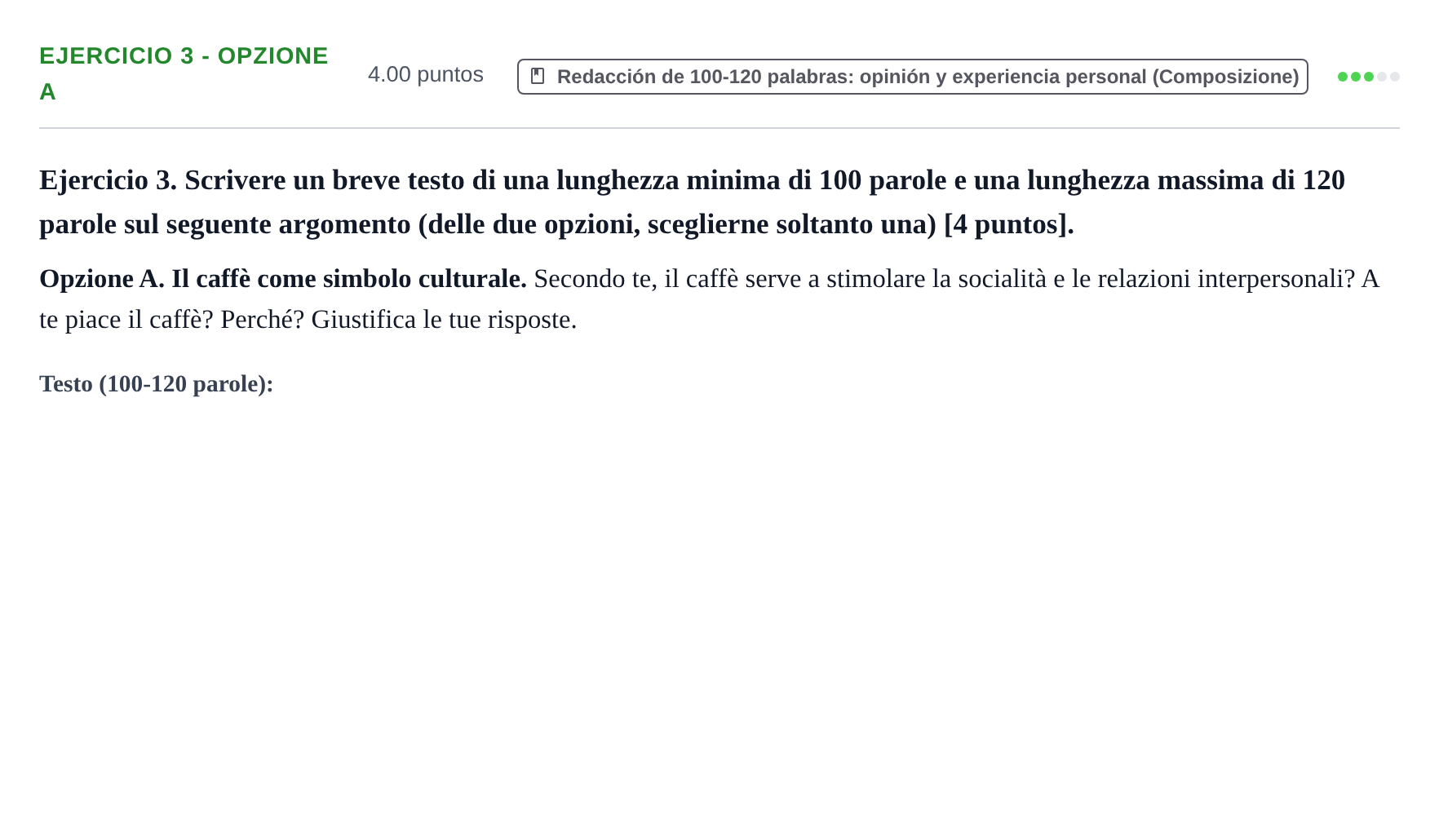 Enunciado: Ejercicio 3 - Opzione A · Italiano PAU Asturias Extraordinaria (2ª lengua extranjera) 2026