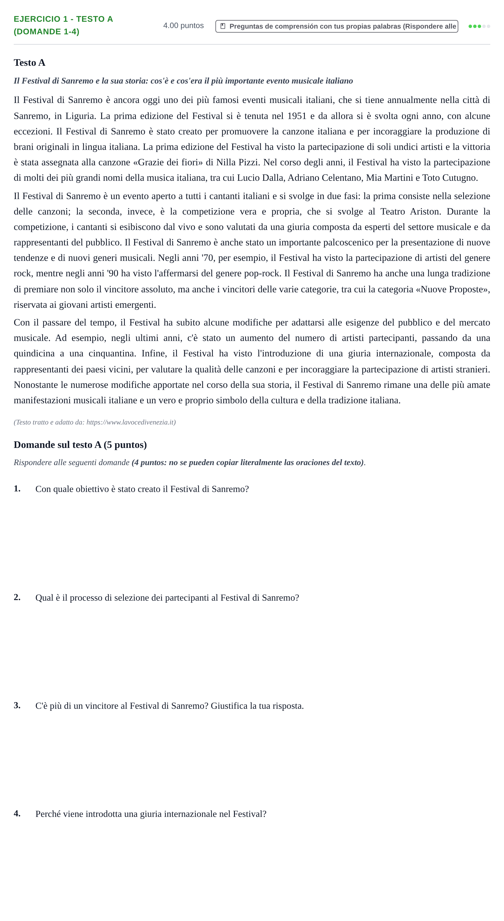 Enunciado: Ejercicio 1 - Testo A (Domande 1-4) · Italiano PAU Asturias Ordinaria (2ª lengua extranjera) 2026